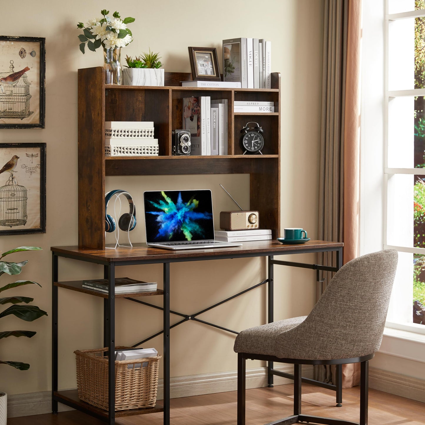 Nromant Desktop Bookshelf, Wooden Desk Storage Hutch with 6 Shelves for Computer Desk, 3-Tier