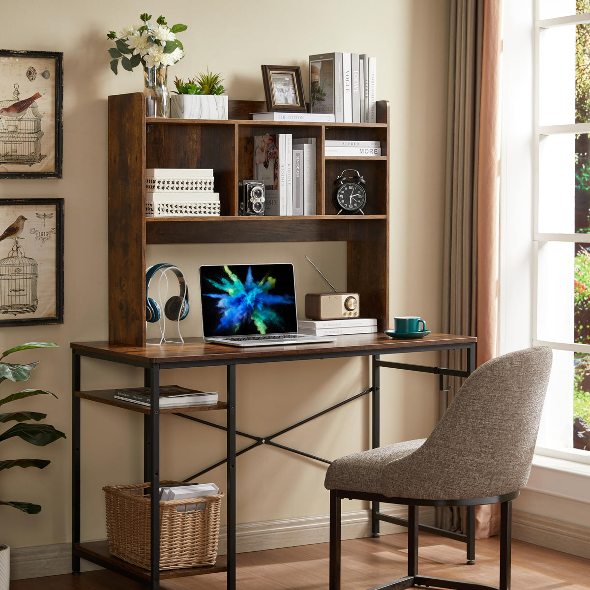 Nromant Desktop Bookshelf, Wooden Desk Storage Hutch with 6 Shelves for Computer Desk, 3-Tier