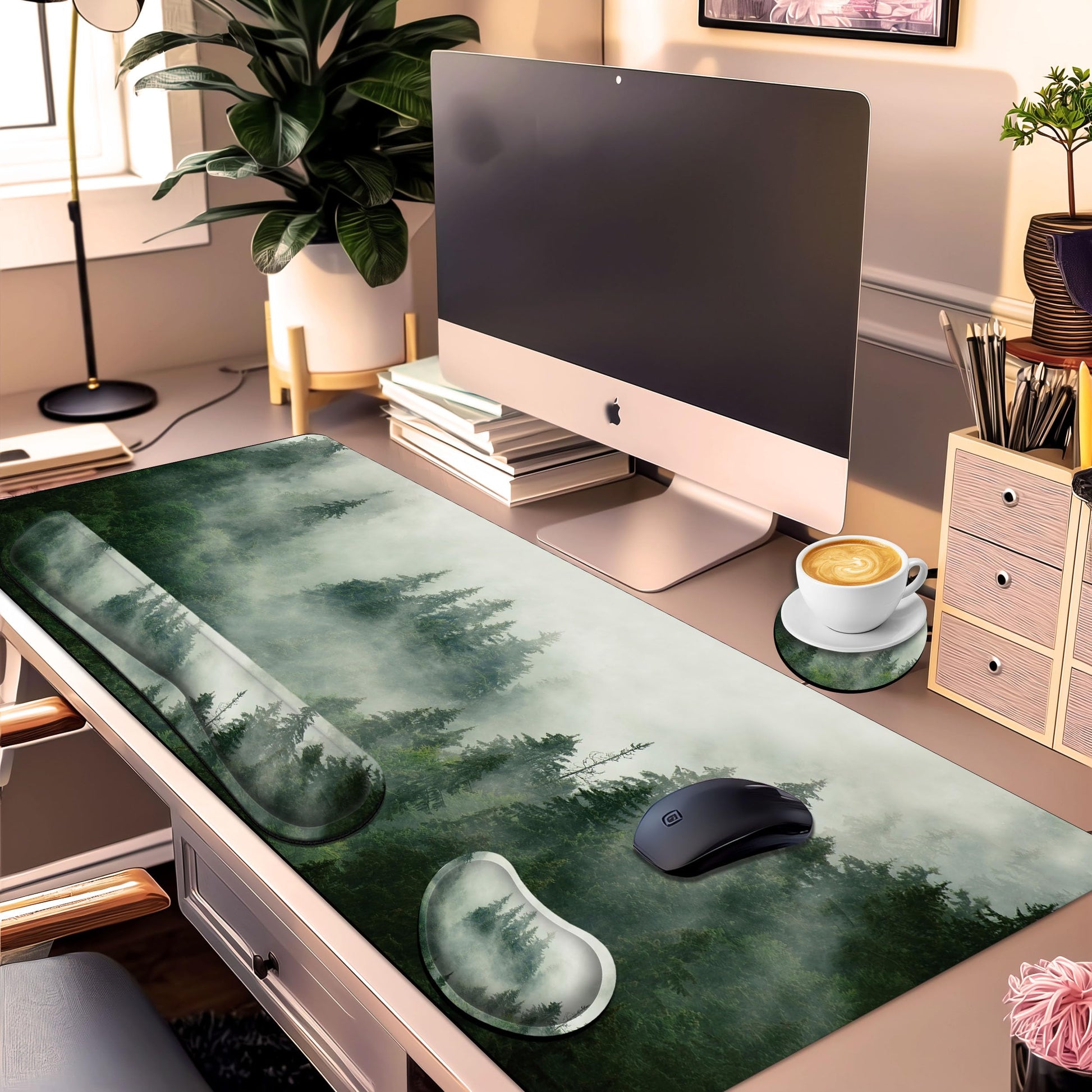 JYCUHTCL Forest Desk Pad Large Gaming Mouse Pad Set 35.4 x 15.7 with Keyboard Wrist Rest, Wrist