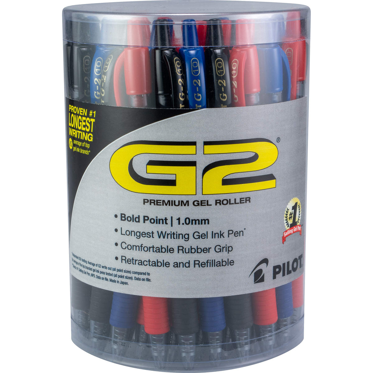 PILOT G2 Premium Gel Roller Pens, 1 mm, Tub of 36, Black, Blue, Red