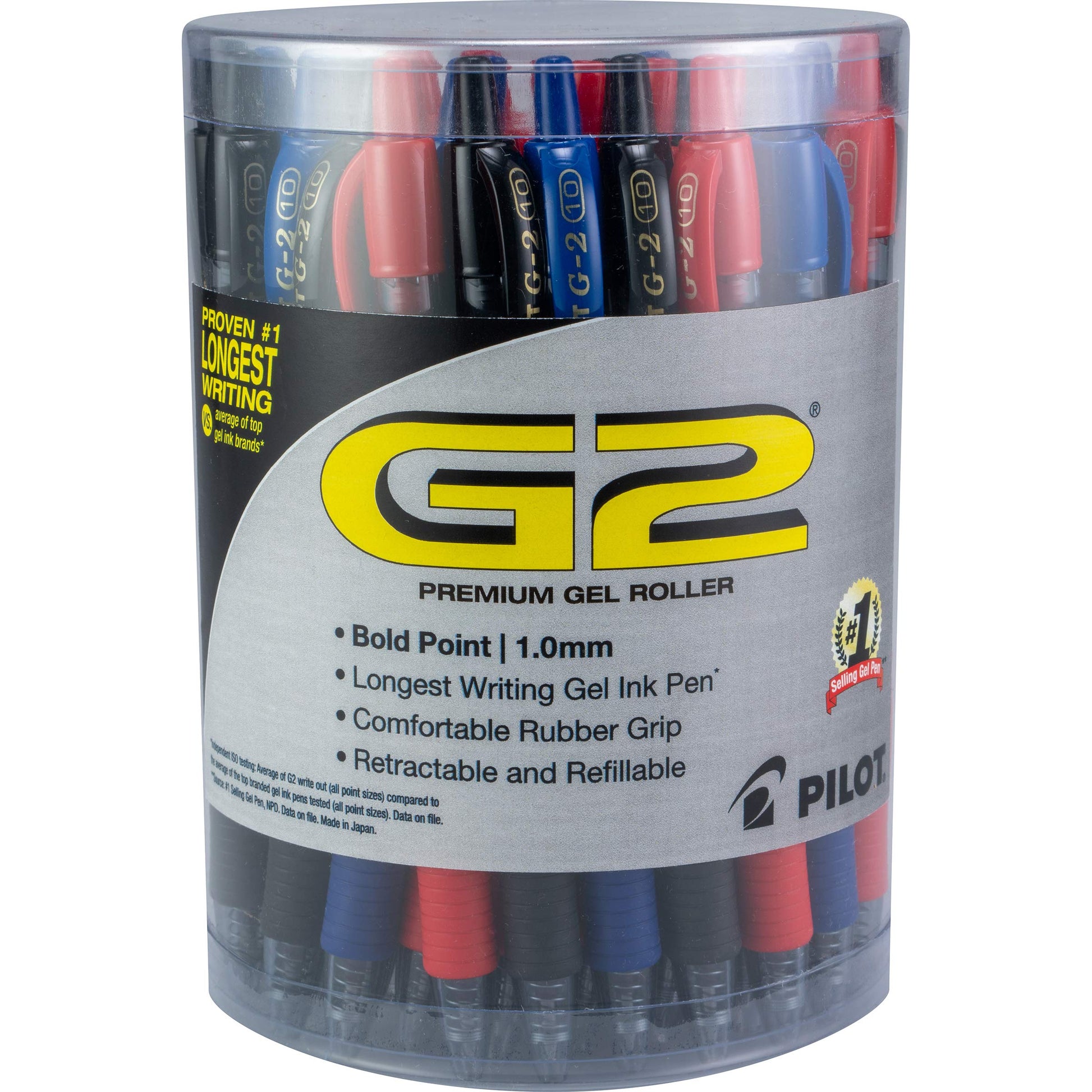 PILOT G2 Premium Gel Roller Pens, 1 mm, Tub of 36, Black, Blue, Red