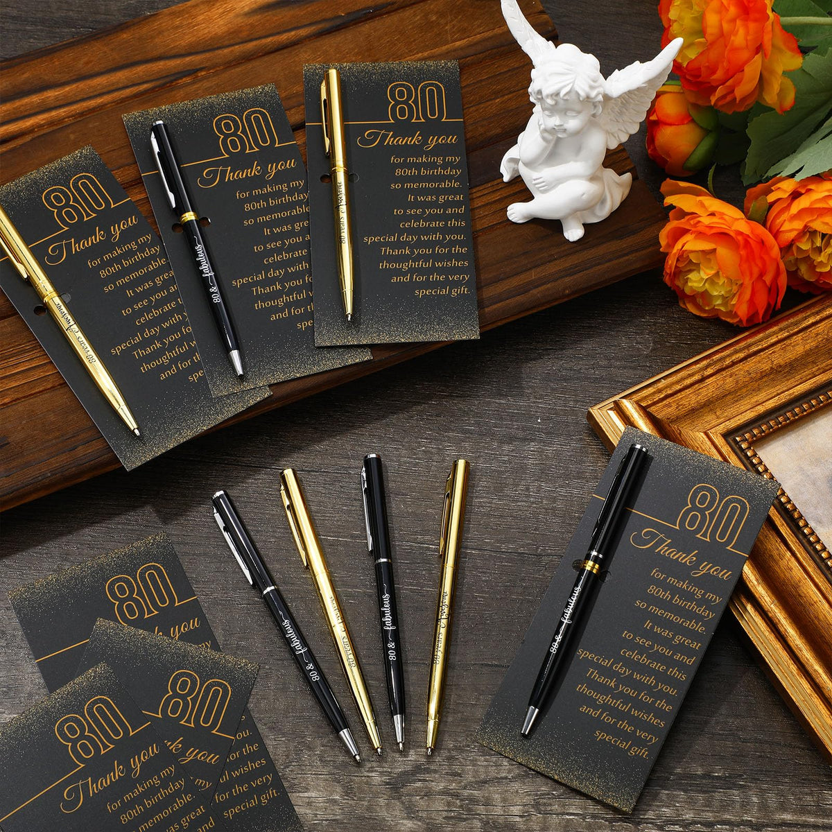 Feifeiya 80th Birthday Party Favors with Black Gold Pens Thank You Cards