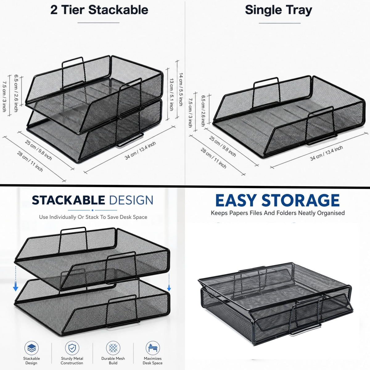 Exerz Paper Sorter Stackable/Desk Letter Tray A4 File Holder 2pcs - Wire Mesh - Office, School
