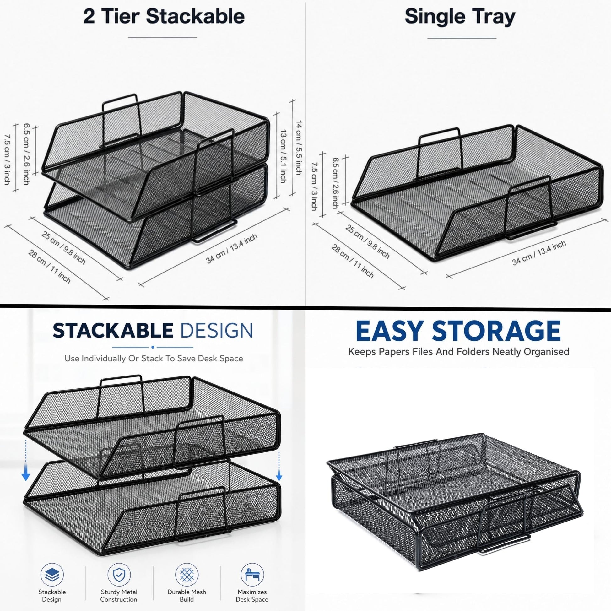 Exerz Paper Sorter Stackable/Desk Letter Tray A4 File Holder 2pcs - Wire Mesh - Office, School