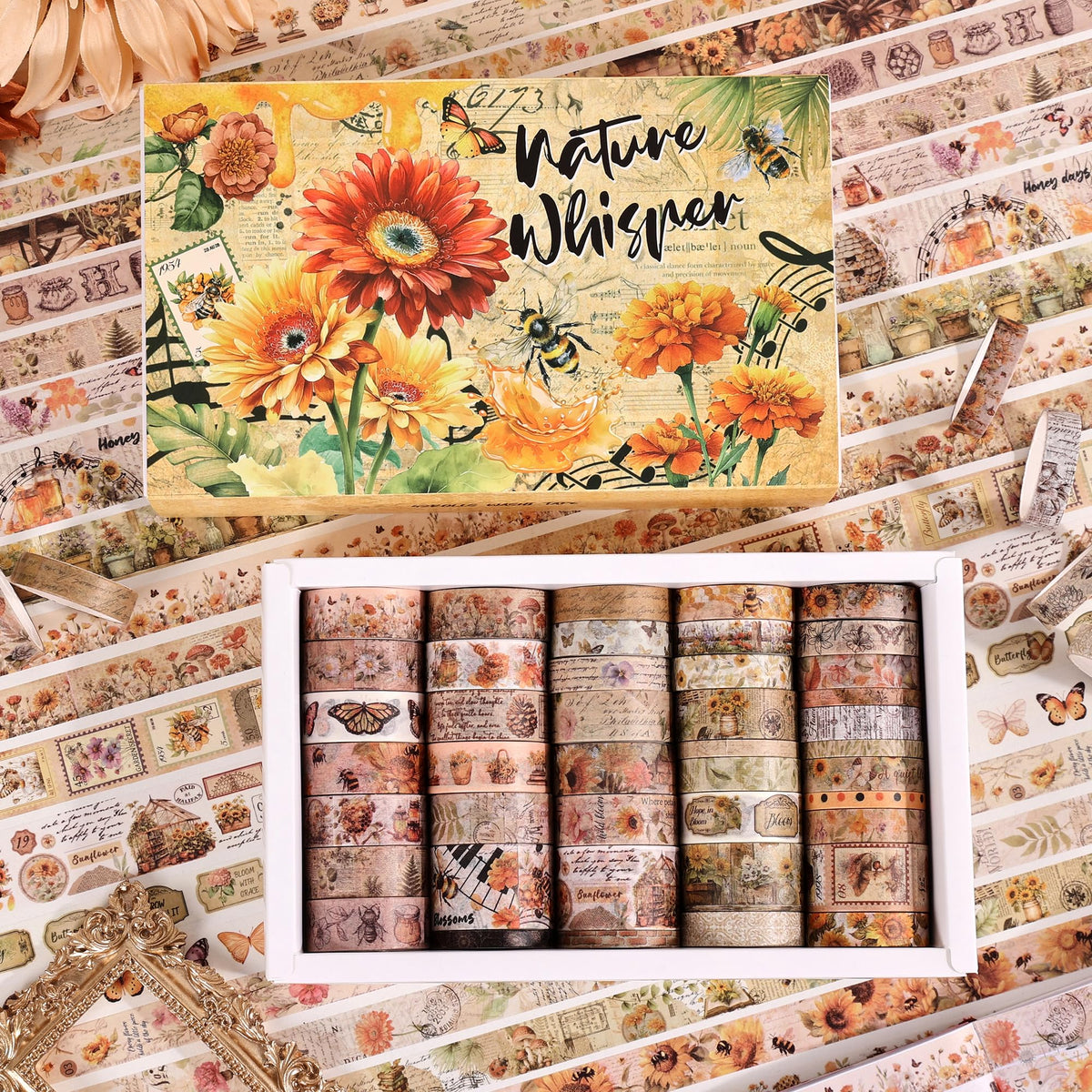 Natural Washi Tape Set, 42 Rolls - Floral, Butterfly, Bee, Botanical,Letter, Vintage Writable