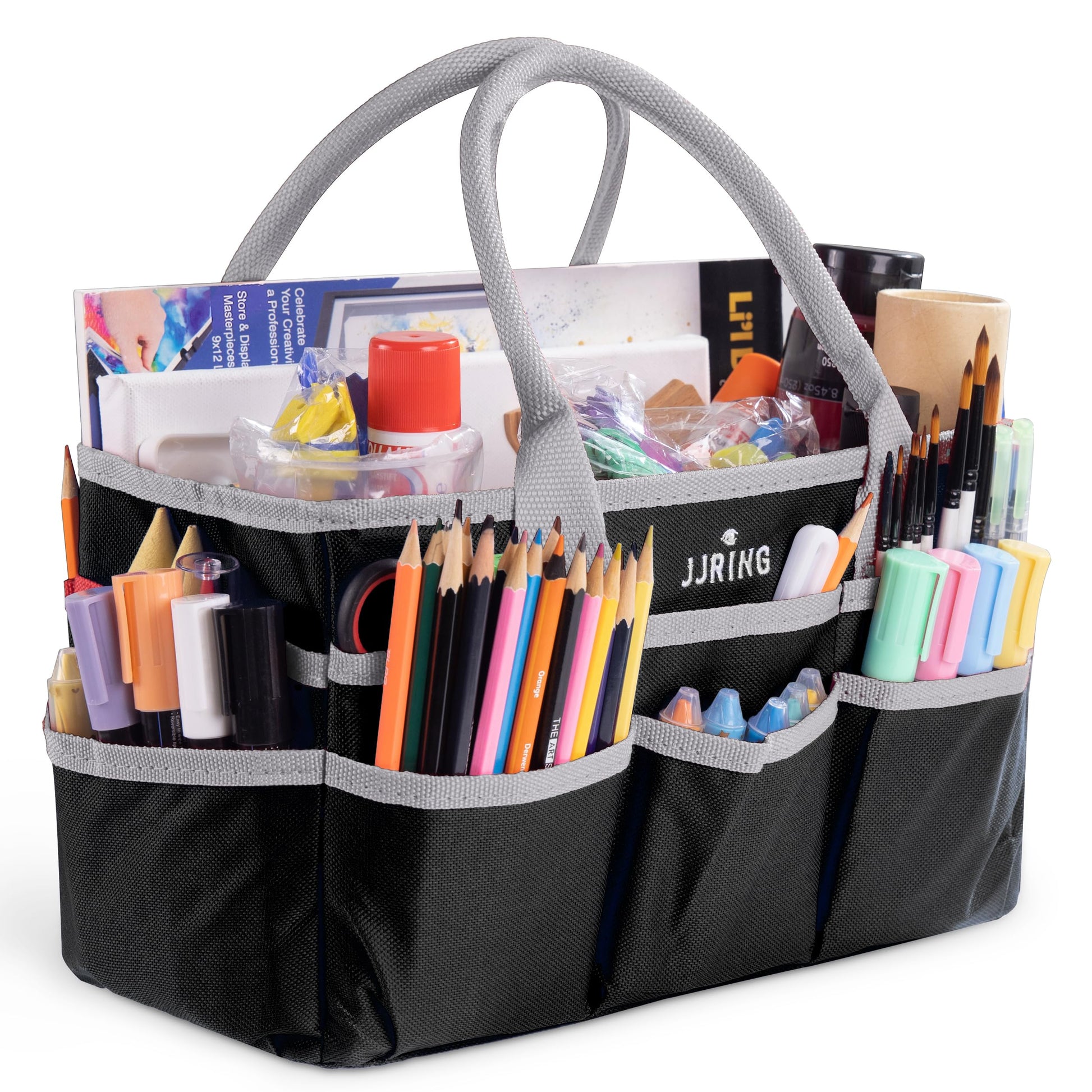 JJRING 600D Nylon Craft & Art Organizer Tote Bag With Pockets, Silver