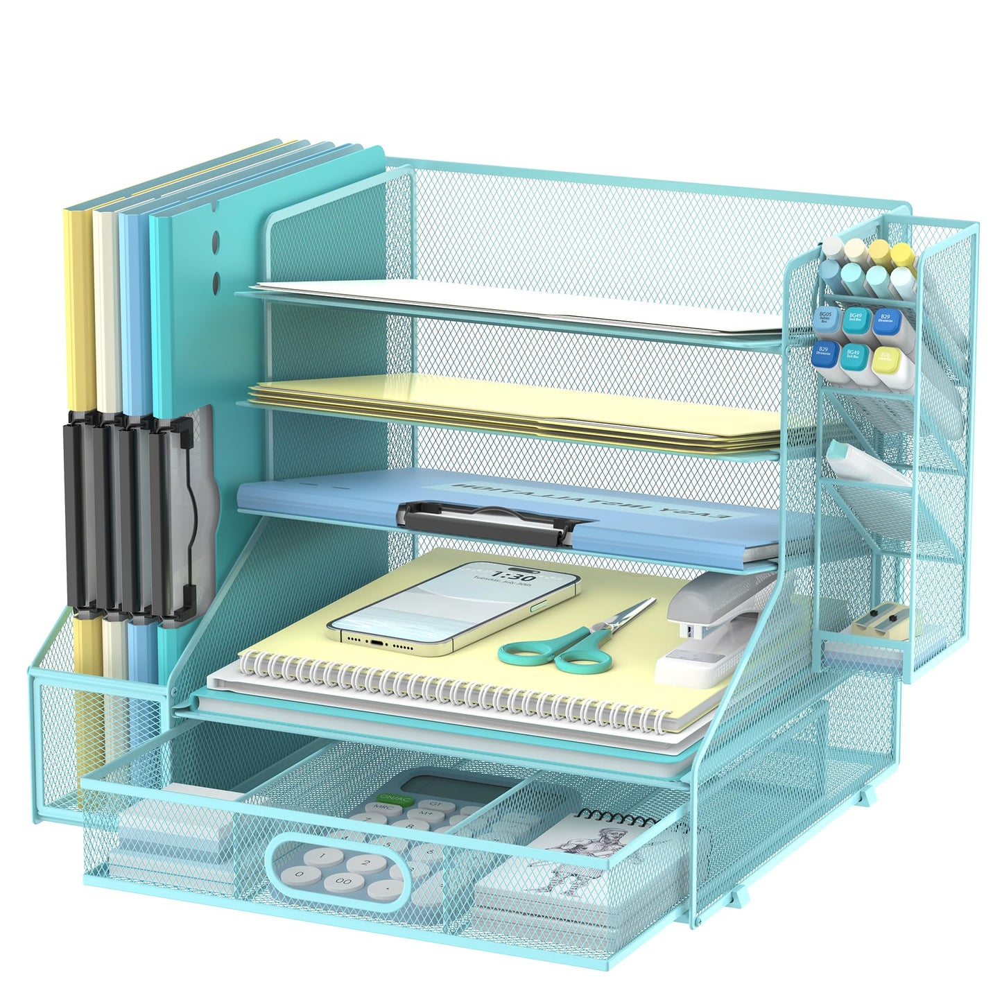 5-Tier Desk Organizer with File Holder & Pen Holder & Sliding Drawer, Blue