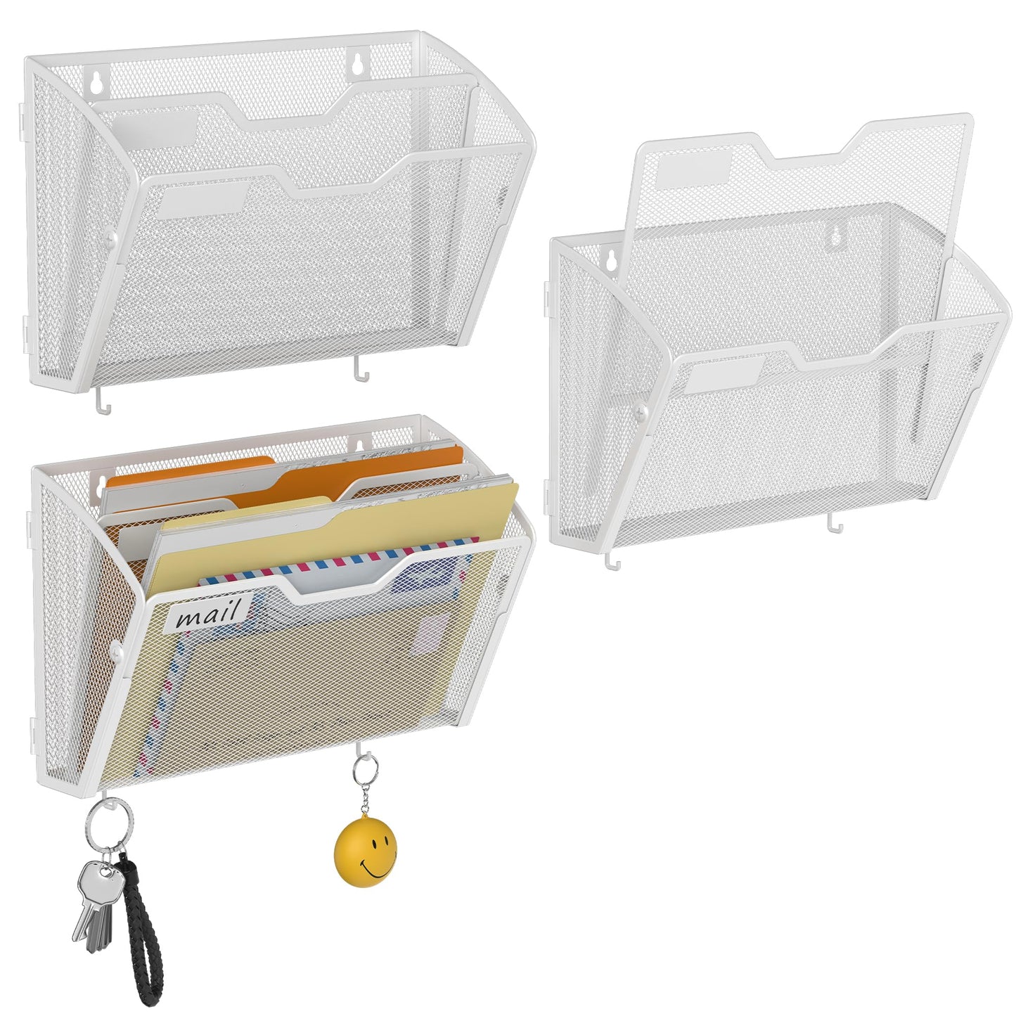 Docnest 3 Pack 2 Tier Mesh Wall File Holders with Hooks for Mail, White