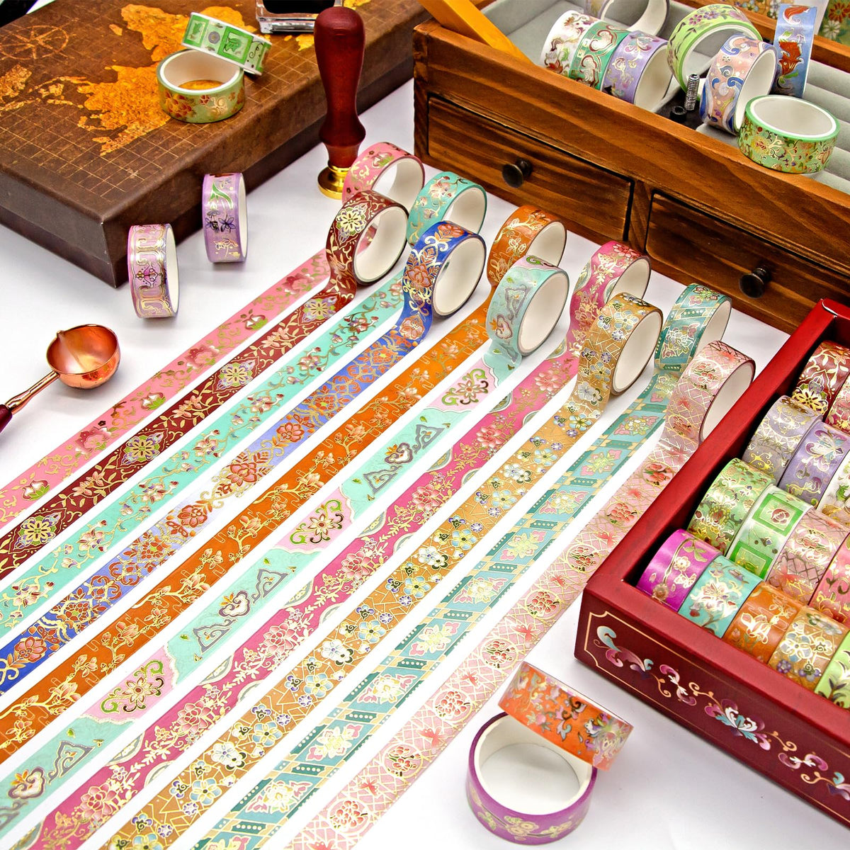 Washi Tape Set 24 Rolls Gold Foil Floral - Gift Box for Scrapbooking