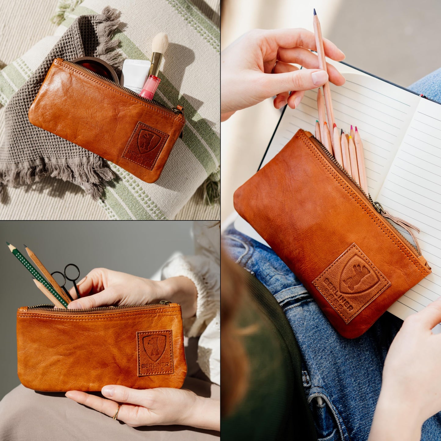 BERLINER BAGS Vintage Leather Pencil Case, Pen Pouch for Work and University or for Tobacco, for