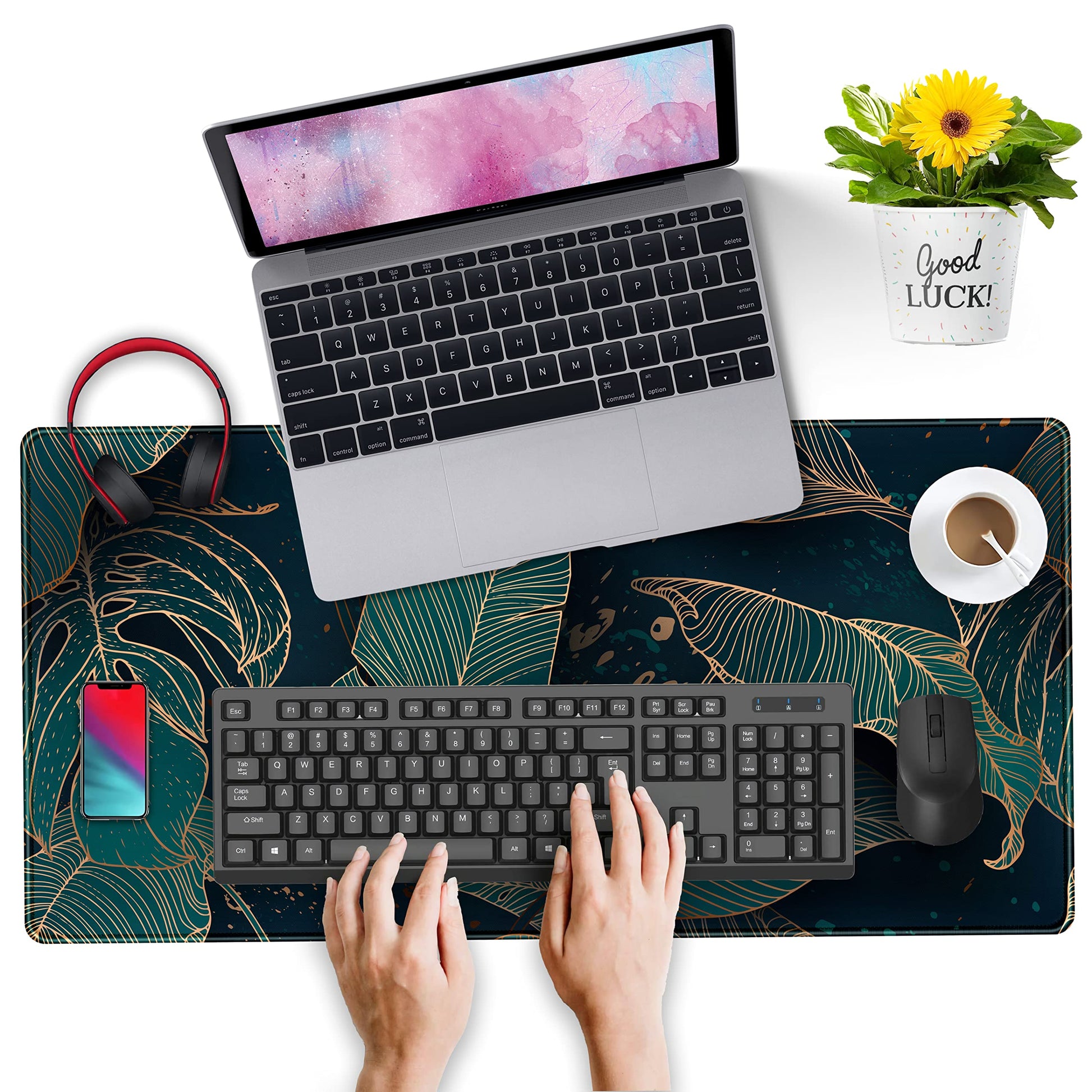 Desk Pad, Green Gold Palm Leaves Extended Gaming Mouse Pad Cute Large Desk Mat, Non-Slip Rubber