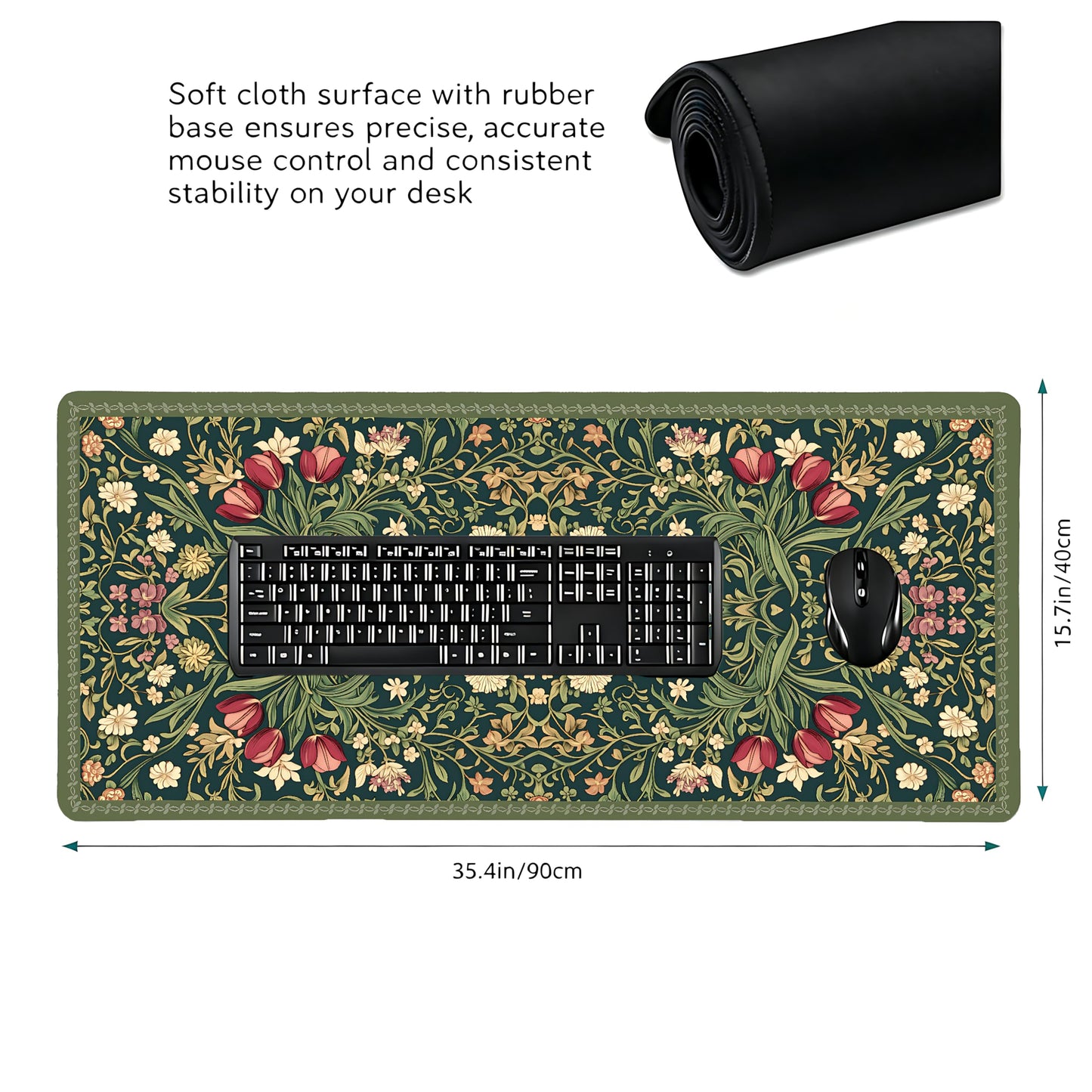 Cute Floral Aesthetic Dahlia Gaming Mouse Pad, Dark Green Rug Desk Mat with Anti-Slip Base &