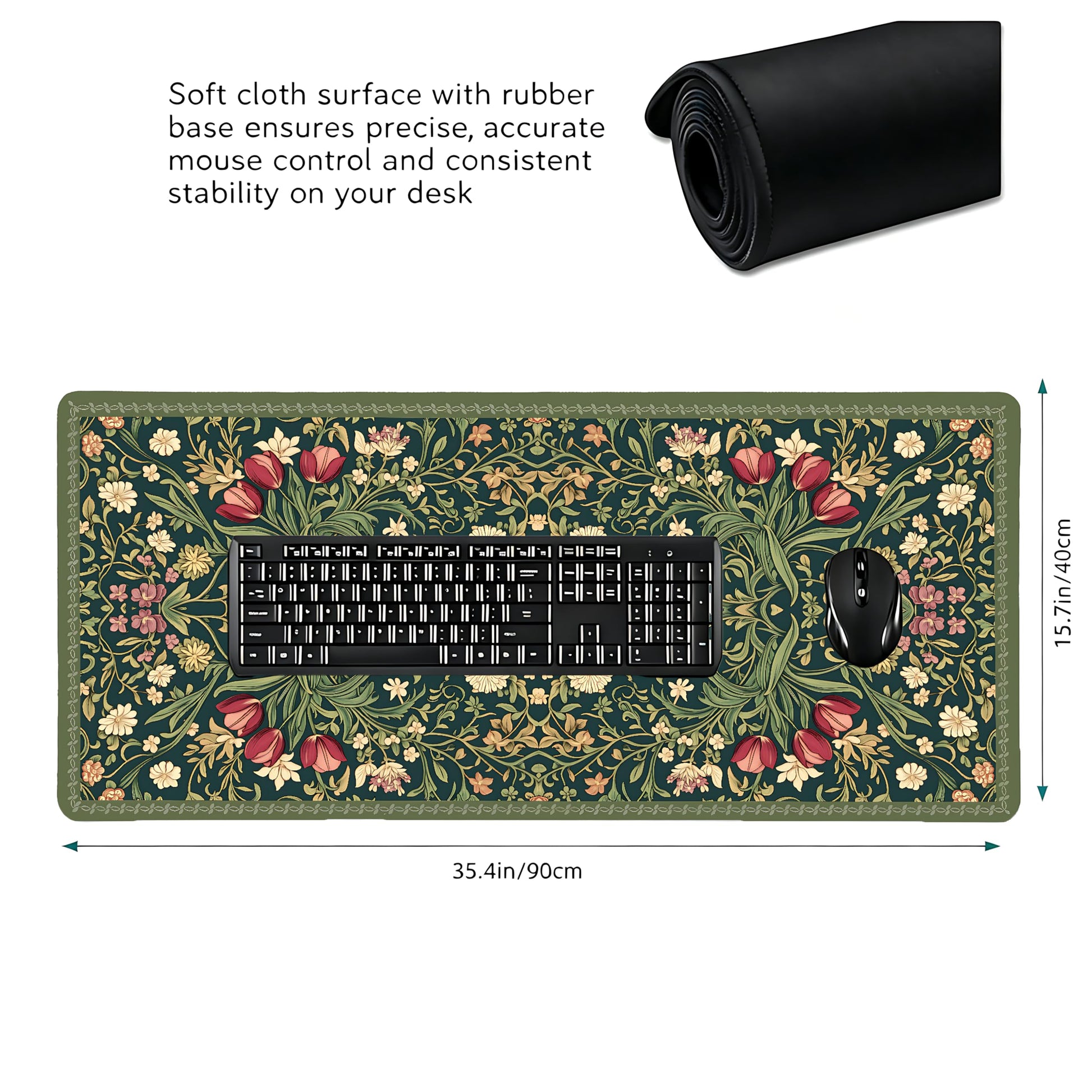 Cute Floral Aesthetic Dahlia Gaming Mouse Pad, Dark Green Rug Desk Mat with Anti-Slip Base &