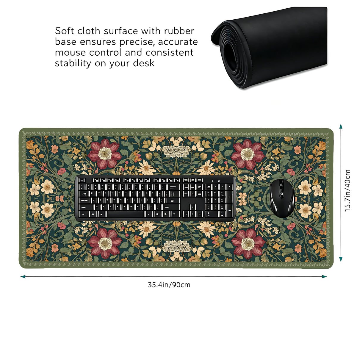 Cute Floral Aesthetic Dahlia Gaming Mouse Pad, Dark Green Rug Desk Mat with Anti-Slip Base &