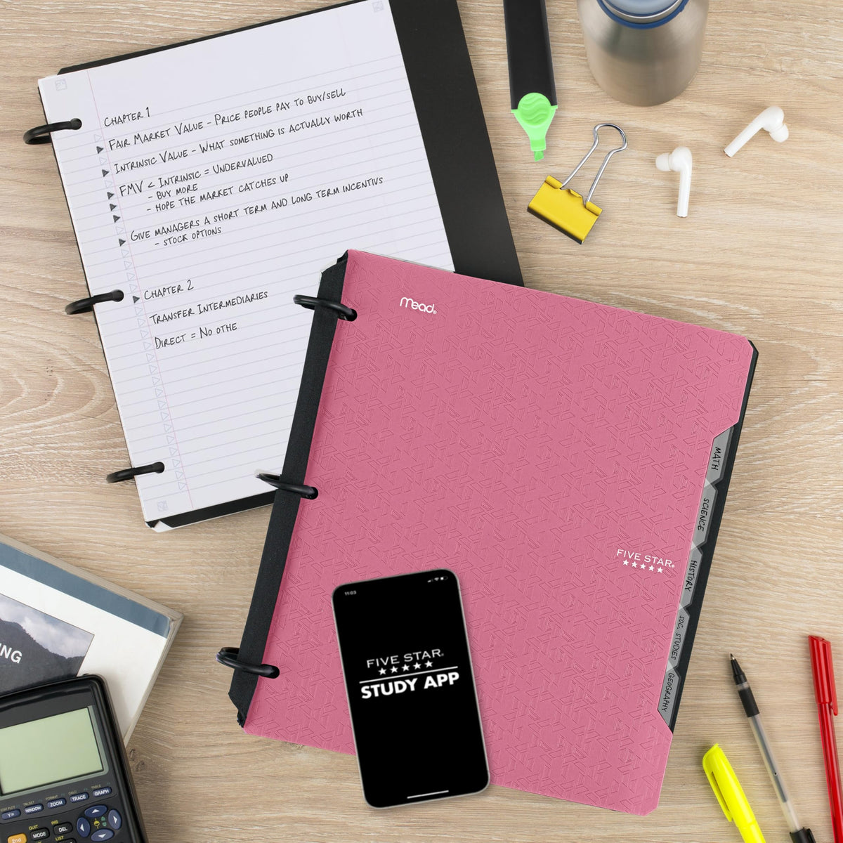 Five Star Flex Refillable Notebook + Study App 1.5 Inch O-Rings Binder with Pockets Tabs and