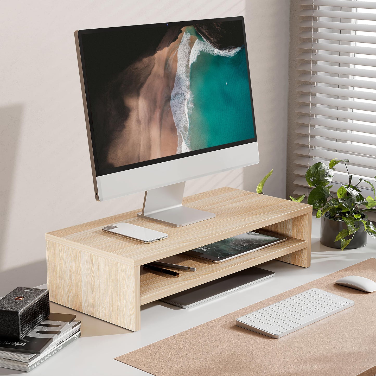 FITUEYES Wooden Monitor Stand Riser, 2-Tier Desk Storage Shelf, Oak