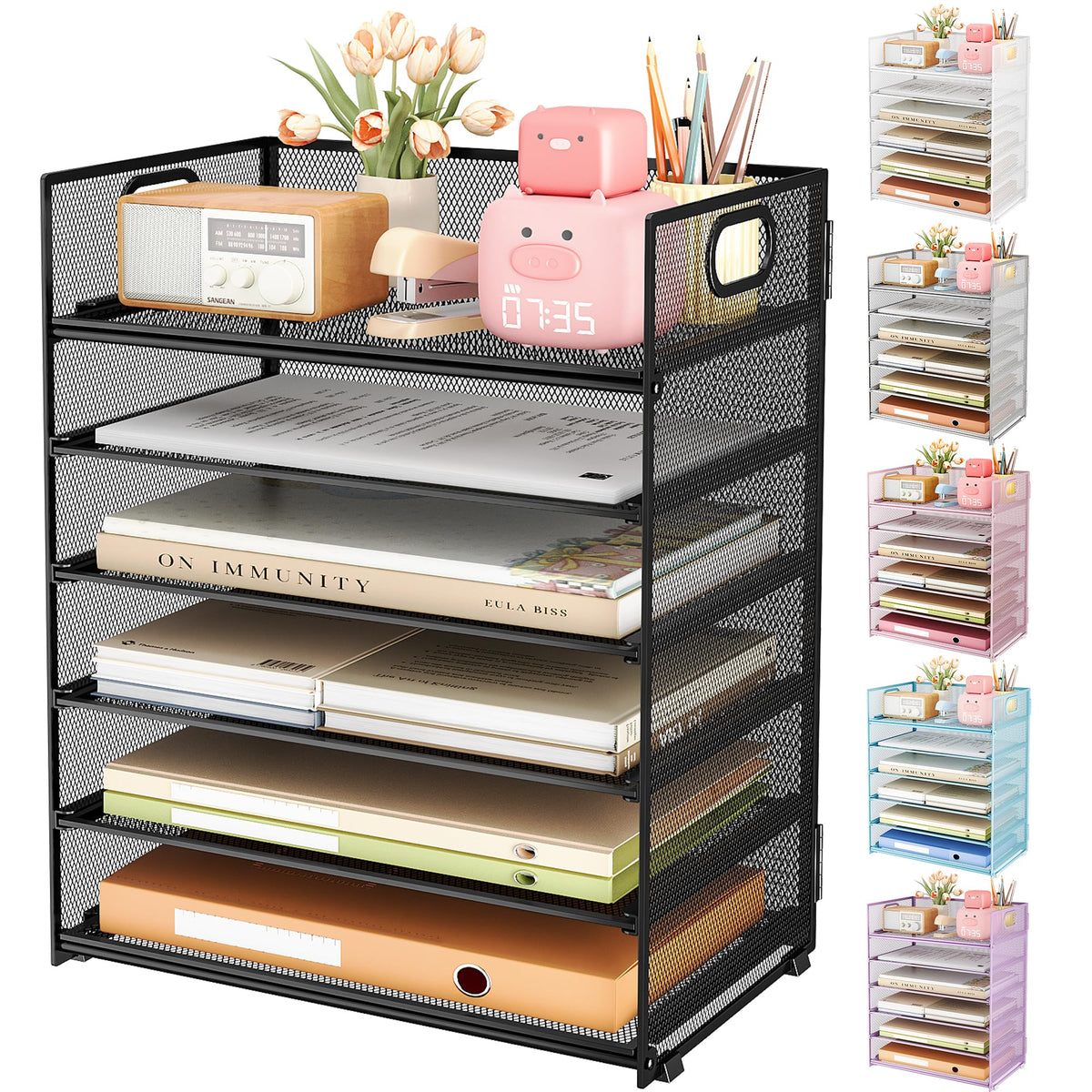 6 Tier Paper Organizer with Handle,Construction Teacher Desk Decor,Gray