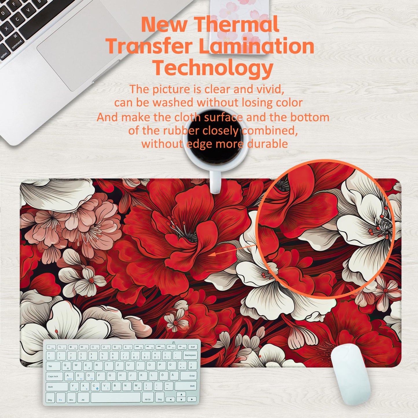 KOAIWPAE Desk Pad, Red and White Flowers Desk Mat, Retro Red Floral Large Gaming Mouse Pad