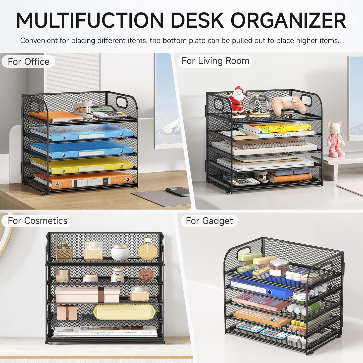 Lavatino 5 Tray Desk File Organizer, Black Mesh Paper Sorter Letter Tray Organizer with Handle