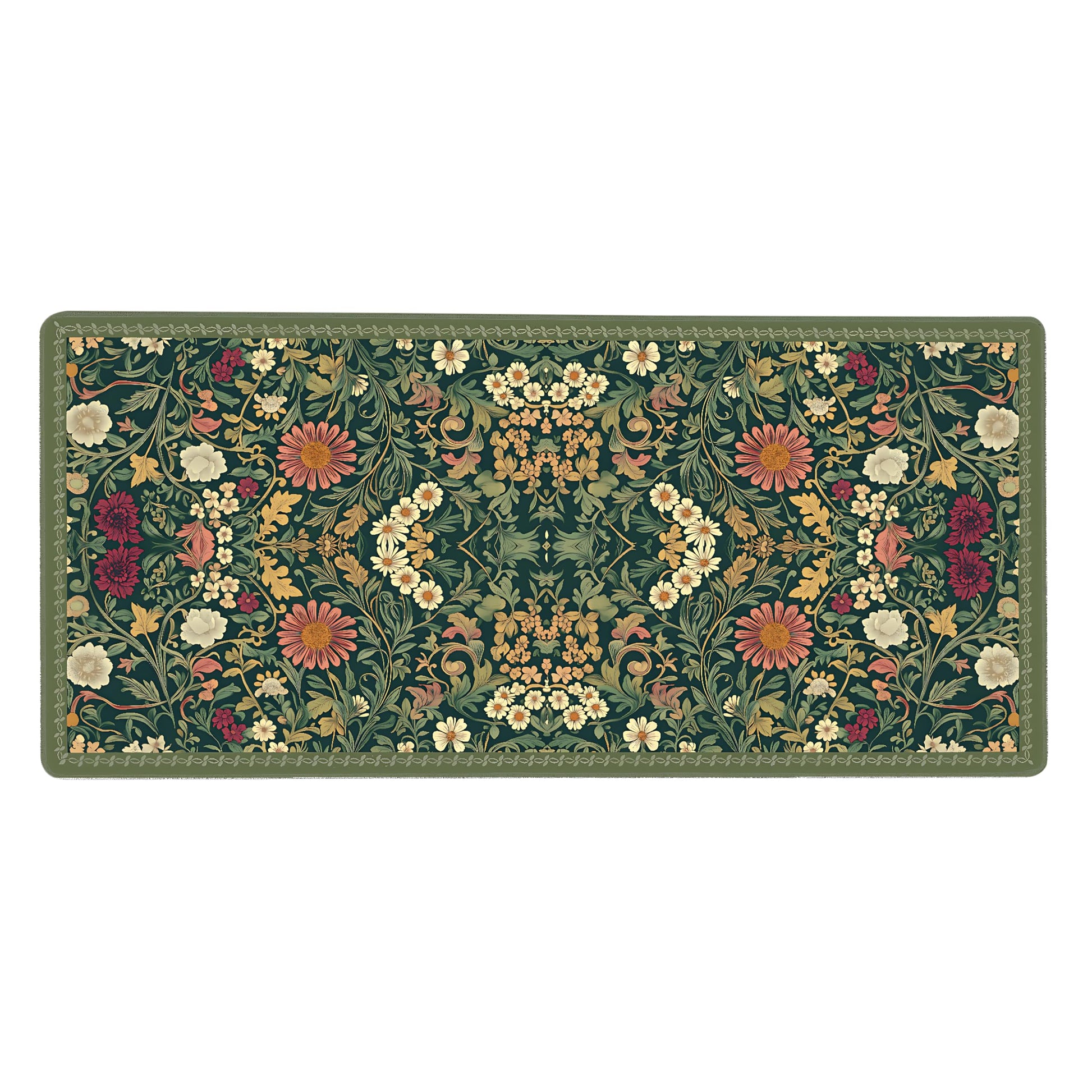 Cute Floral Aesthetic Cosmos Gaming Mouse Pad, Dark Green Rug Desk Mat with Anti-Slip Base &