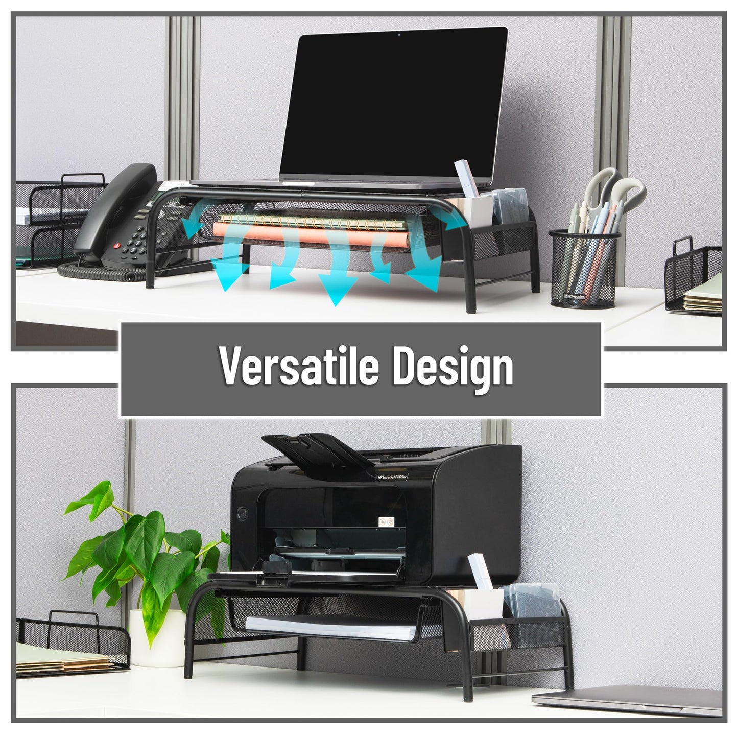 Mind Reader Monitor Stand, Ventilated Laptop Riser, Paper Tray, Storage, Office, Metal Mesh, 20"L x