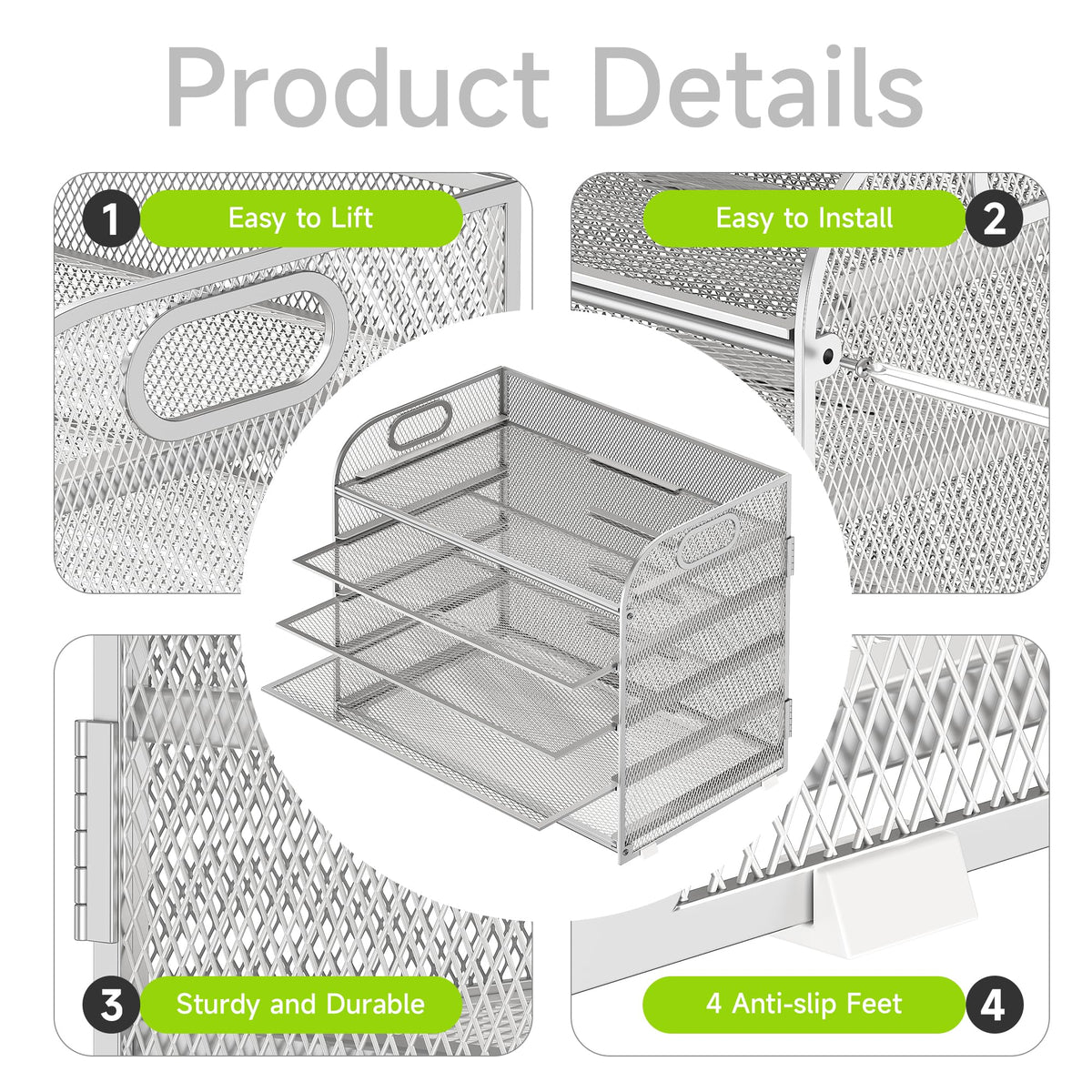 Cawukege 5 Tier Paper Organizer with Handle, Silver Metal Mesh Desk Organizer File Folder Paper