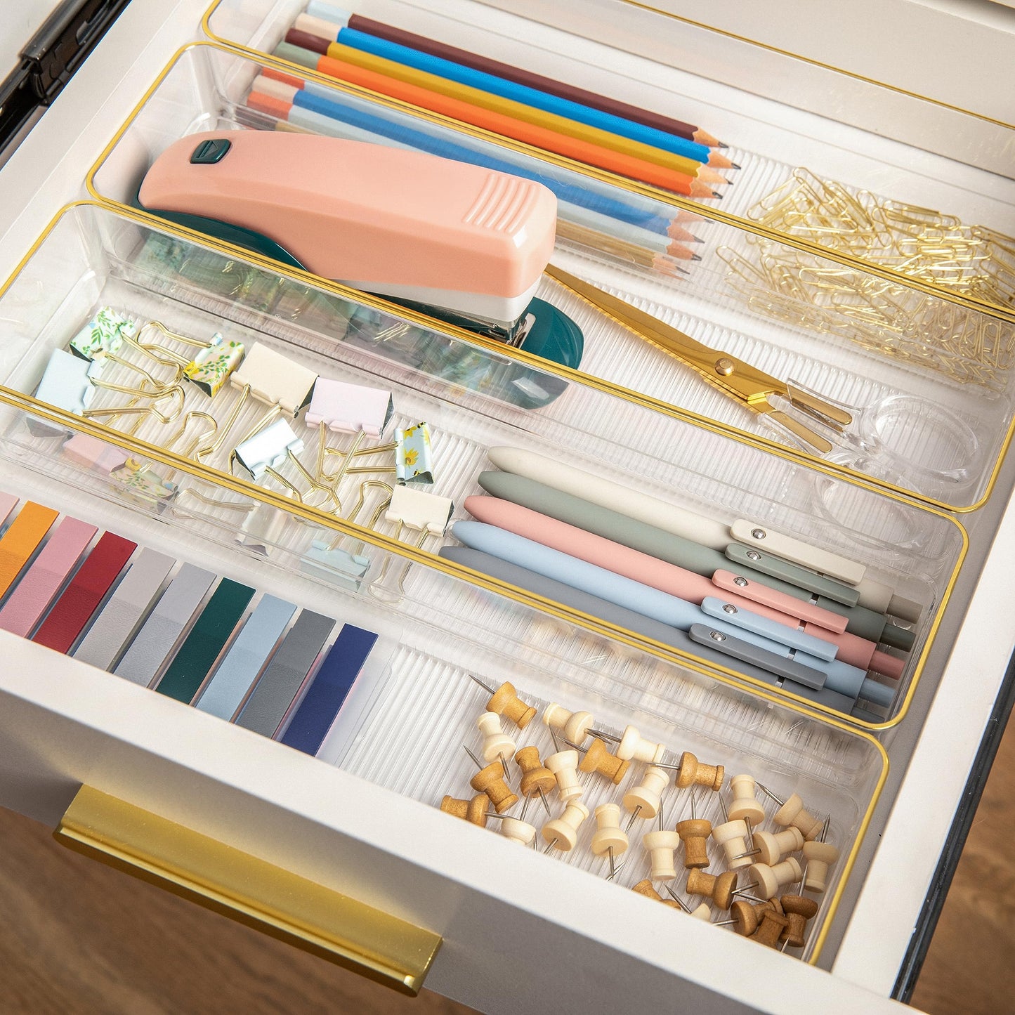 Martha Stewart Kerry Stackable Desk Drawer Organizers, Clear/Gold, 8-Pack