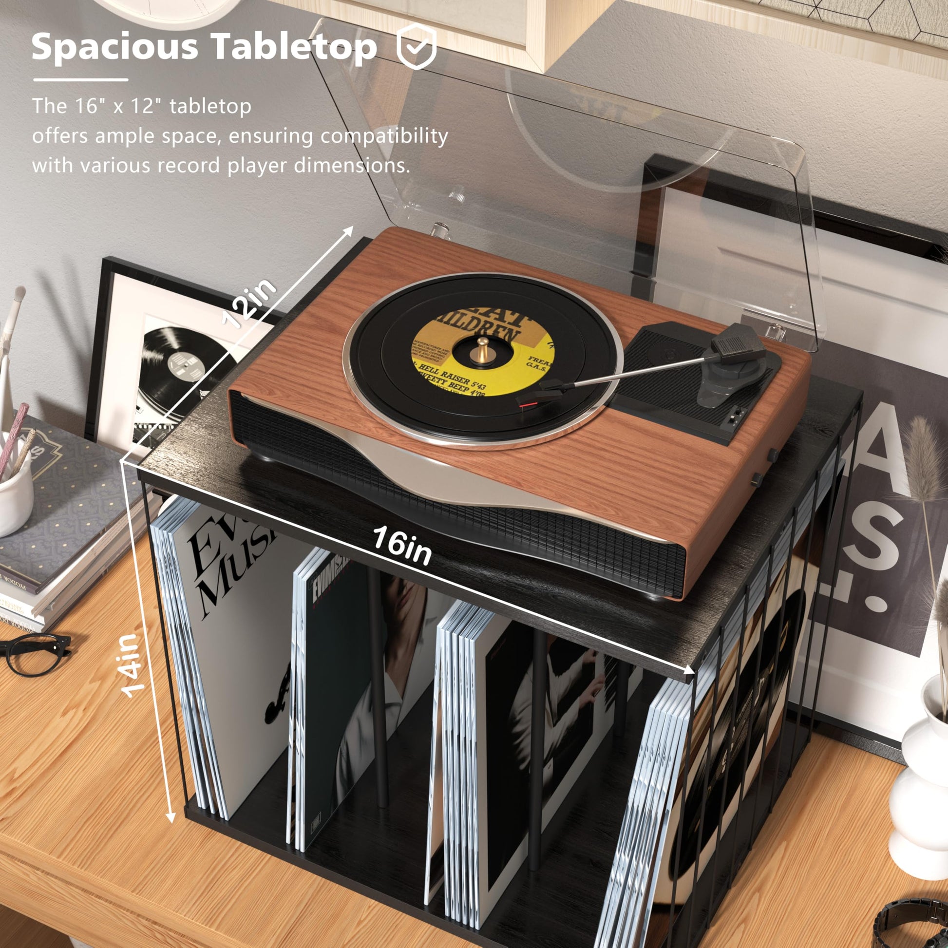 Emfogo Vinyl Record Storage, Metal & Wooden Vinyl Record Holder Up to 80 Album, 3-Compartment
