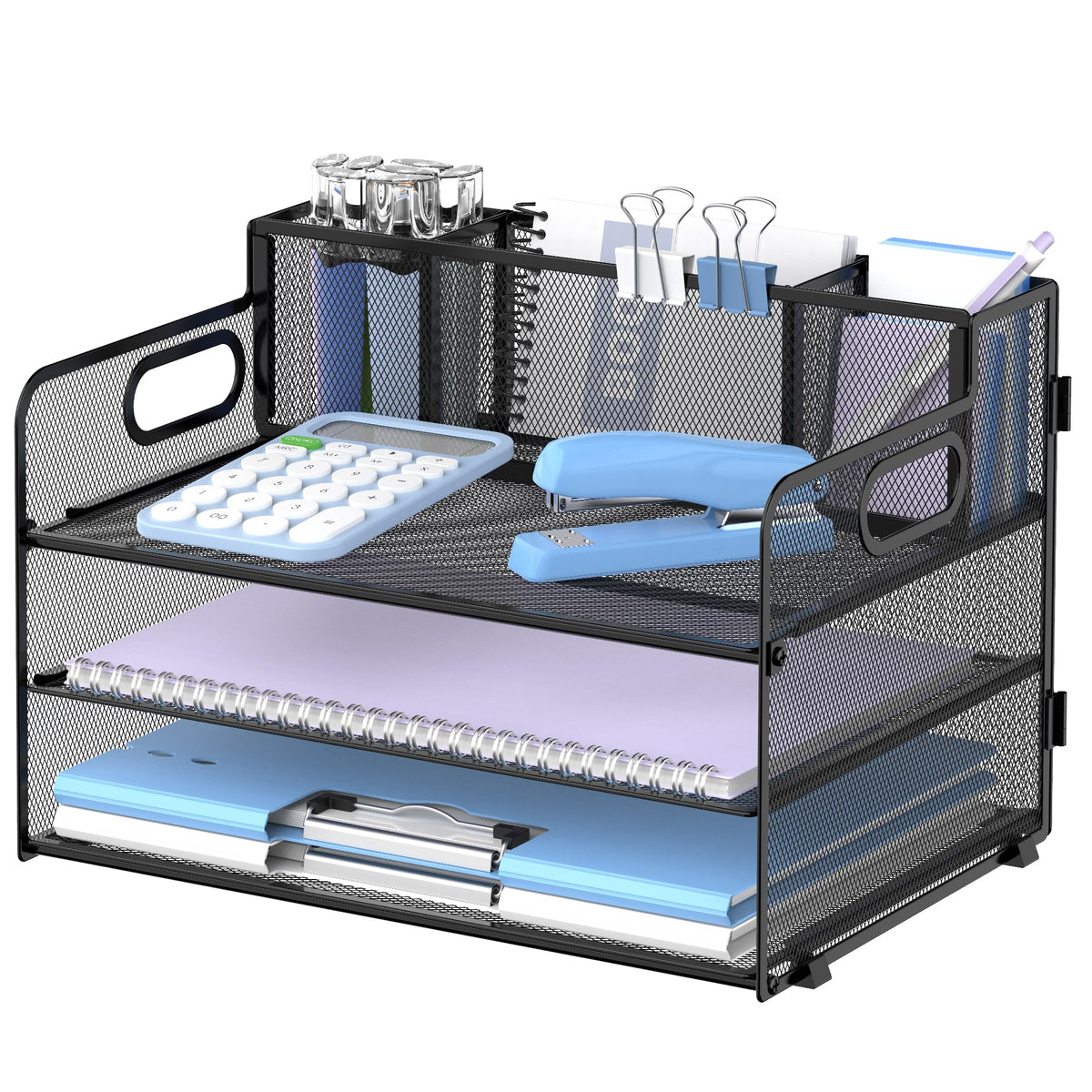 3-Tier Desk Organizer with Pen Holder and Handles, Paper Organizer, Black