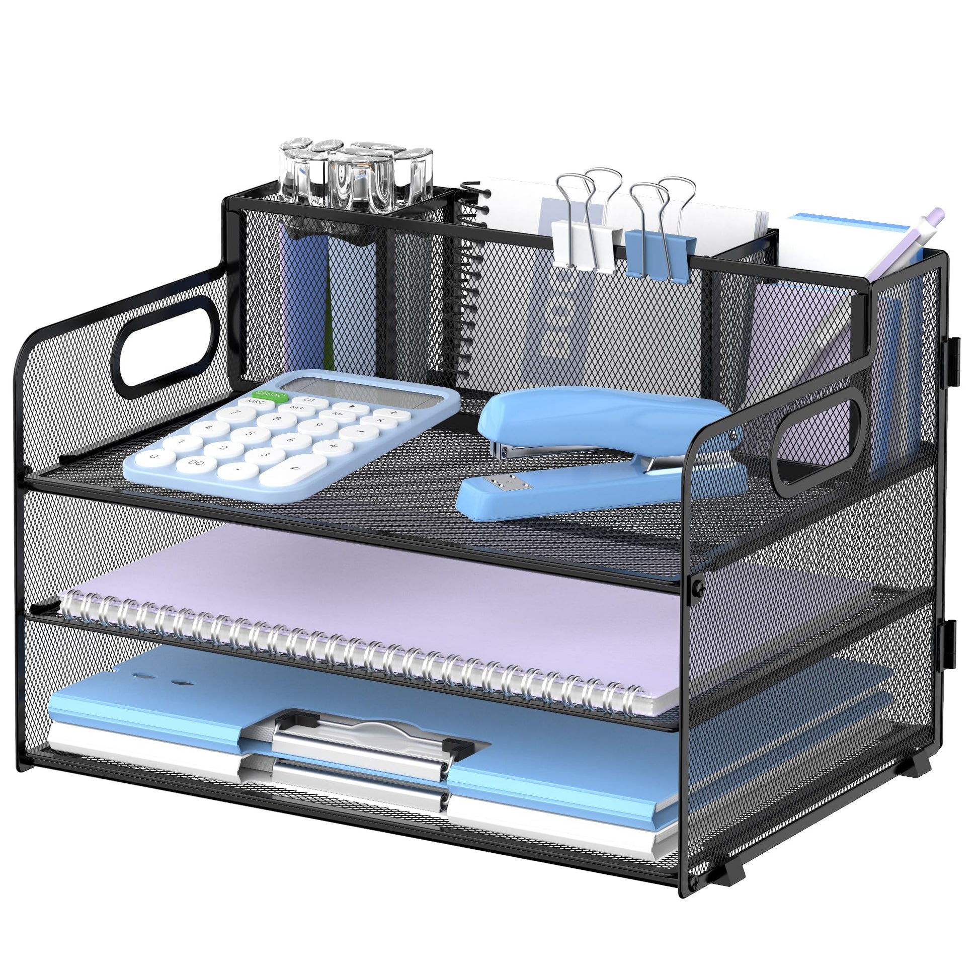 3-Tier Desk Organizer with Pen Holder and Handles, Paper Organizer, Black