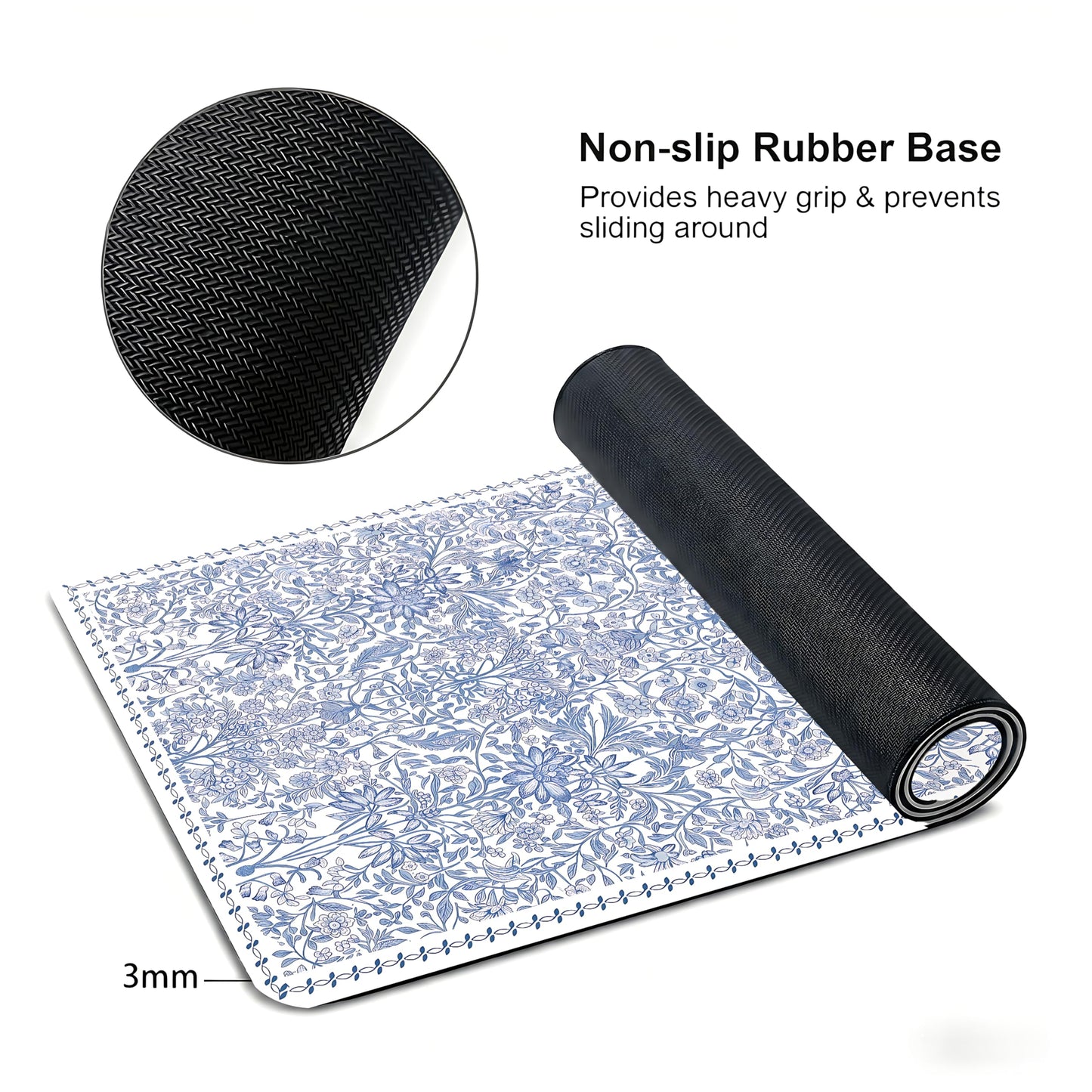 Cute Floral Aesthetic Daisy Gaming Mouse Pad, White Blue Chinoiserie Desk Mat with Anti-Slip Base &