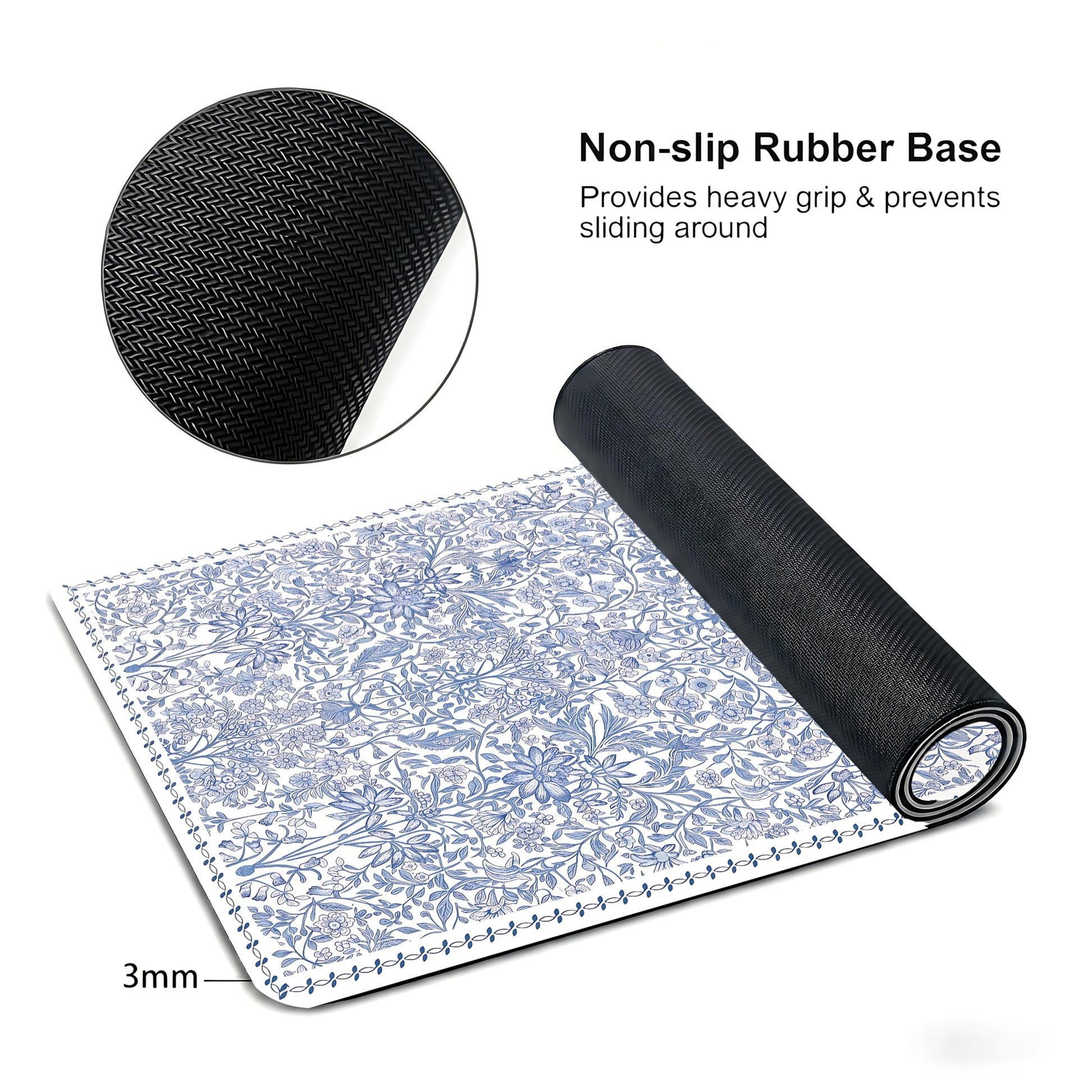 Cute Floral Aesthetic Daisy Gaming Mouse Pad, White Blue Chinoiserie Desk Mat with Anti-Slip Base &
