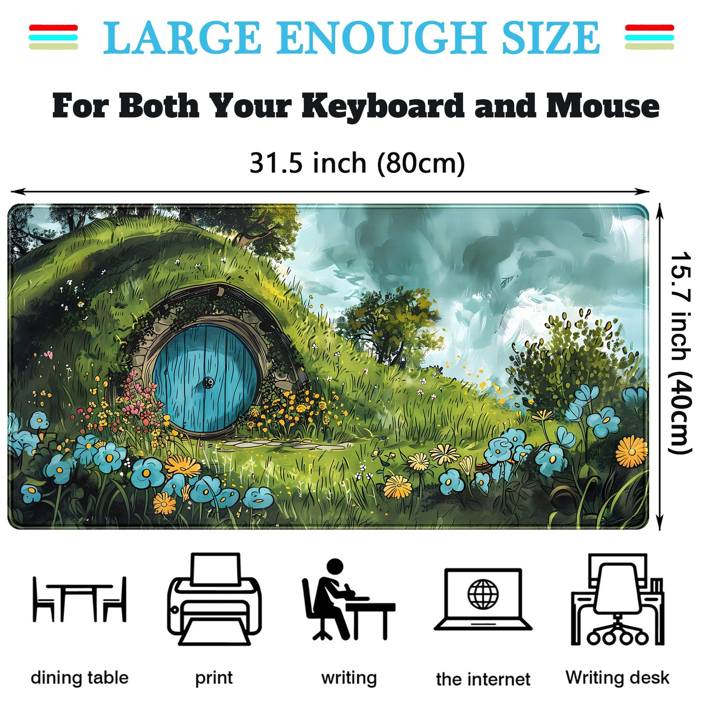 Cute Landscape Cartoons Desk Mat Aesthetic Gaming Mouse Pad XXL Large Extended Green Sage Desk Pad