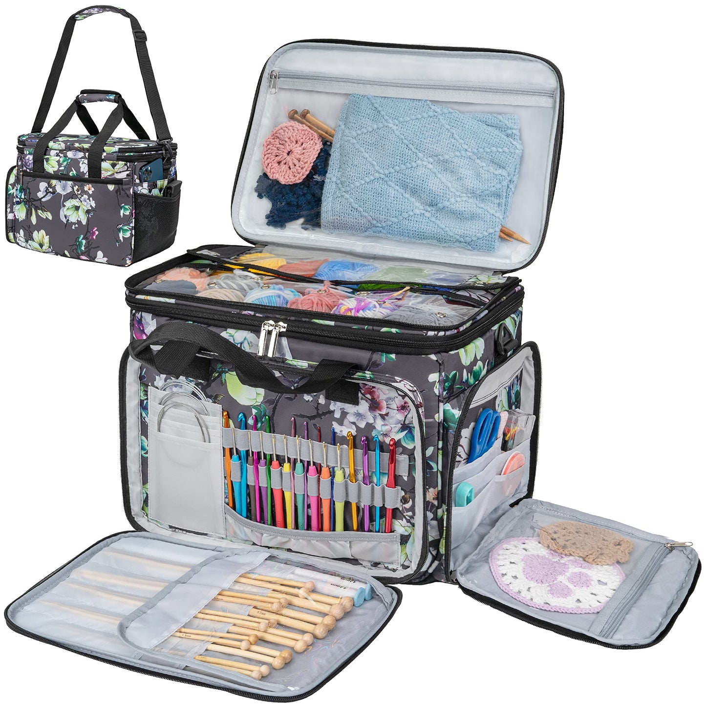 PAVILIA Knitting Yarn Storage Bag Crochet Knitter Organizer, Floral Grey