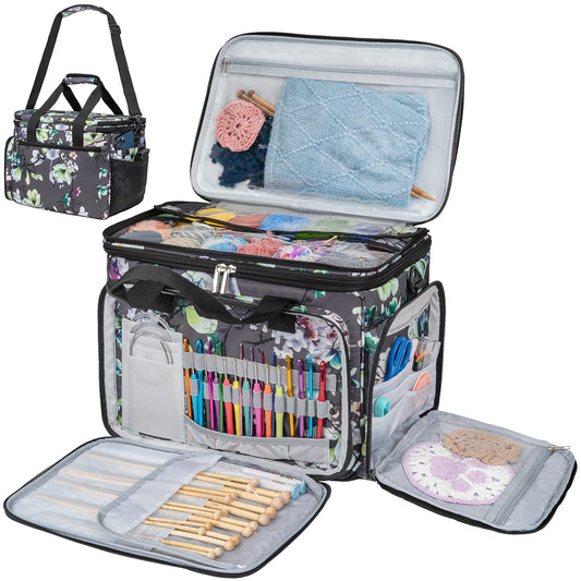 PAVILIA Knitting Yarn Storage Bag Crochet Knitter Organizer, Floral Grey