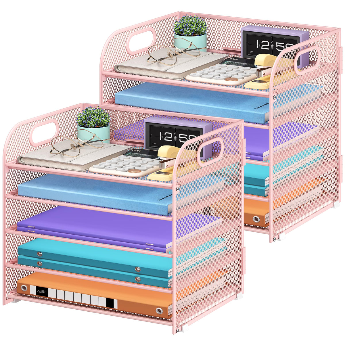 Cawukege 2 Pack 5 Tier Paper Organizer, Letter Tray with Handle, Mesh Desk Organizer, Metal File