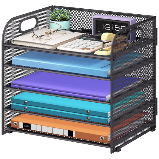 Cawukege 5 Tier Paper Organizer with Handle, Grey Metal Mesh Desk Organizer File Folder Paper