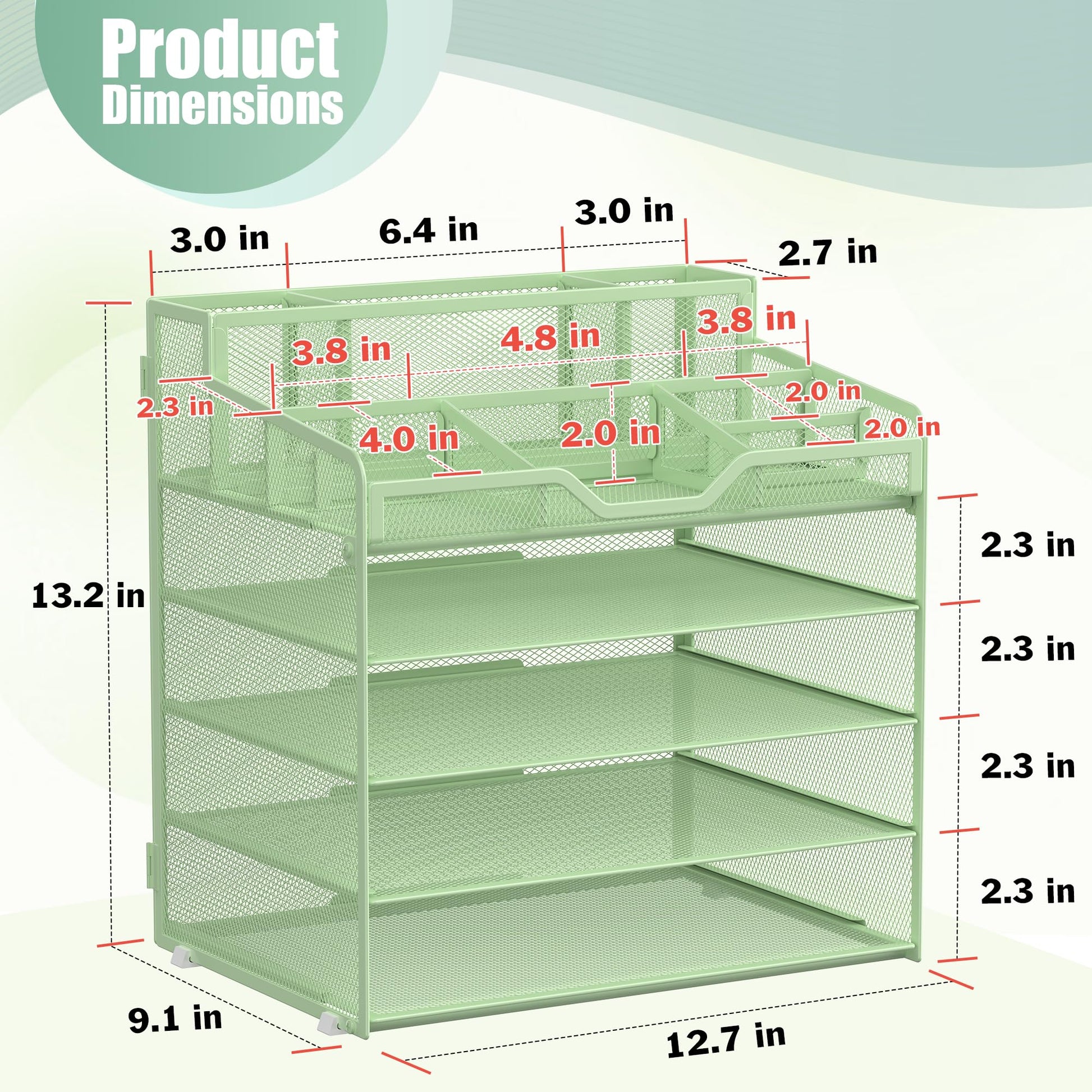 Docnest 5 Tier Mesh Desk Organizer with Letter Tray & Paper Sorter, Green