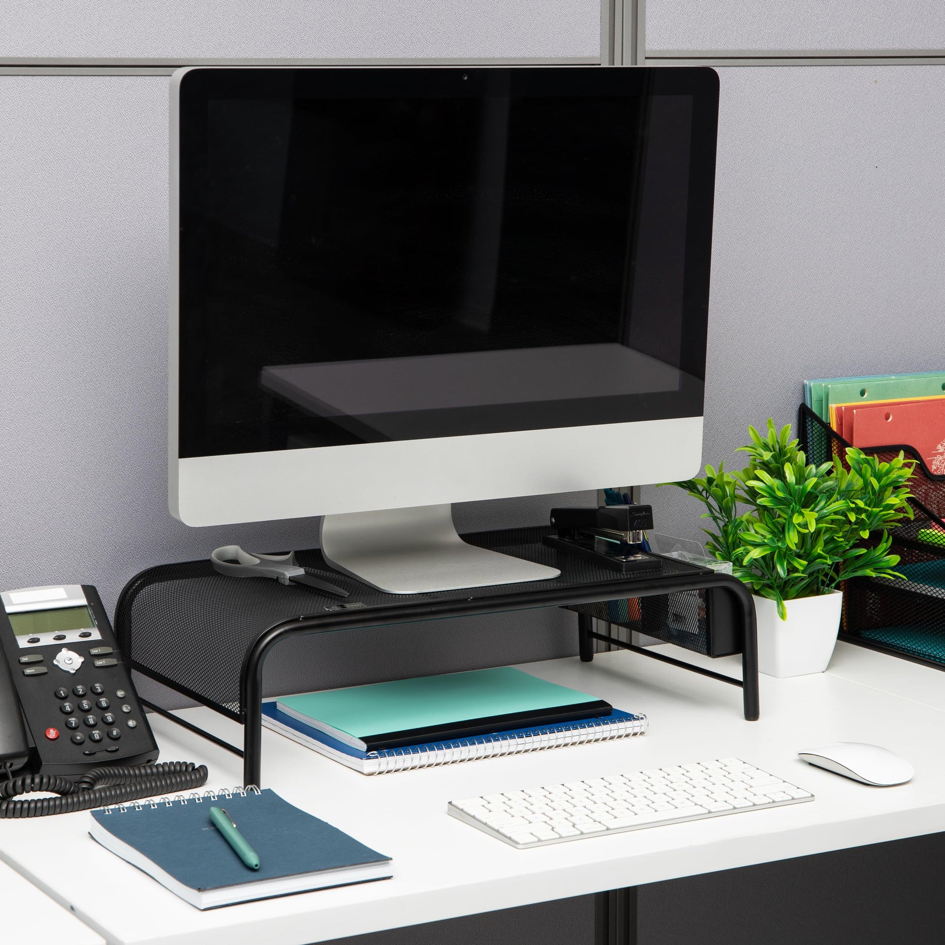 Mind Reader Monitor Stand, Ventilated Laptop Riser, Desktop Organizer, Side Storage, Metal Mesh