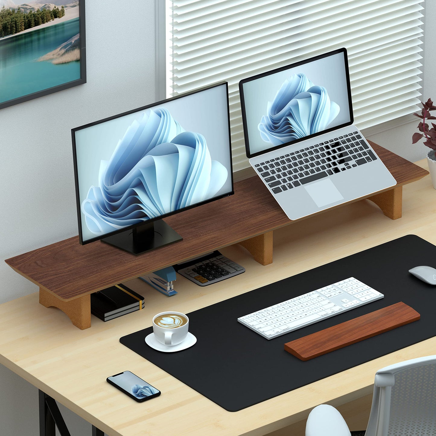 Aothia 43 inch Black Walnut Finish Dual Monitor Stand for Desk, Cork Legs