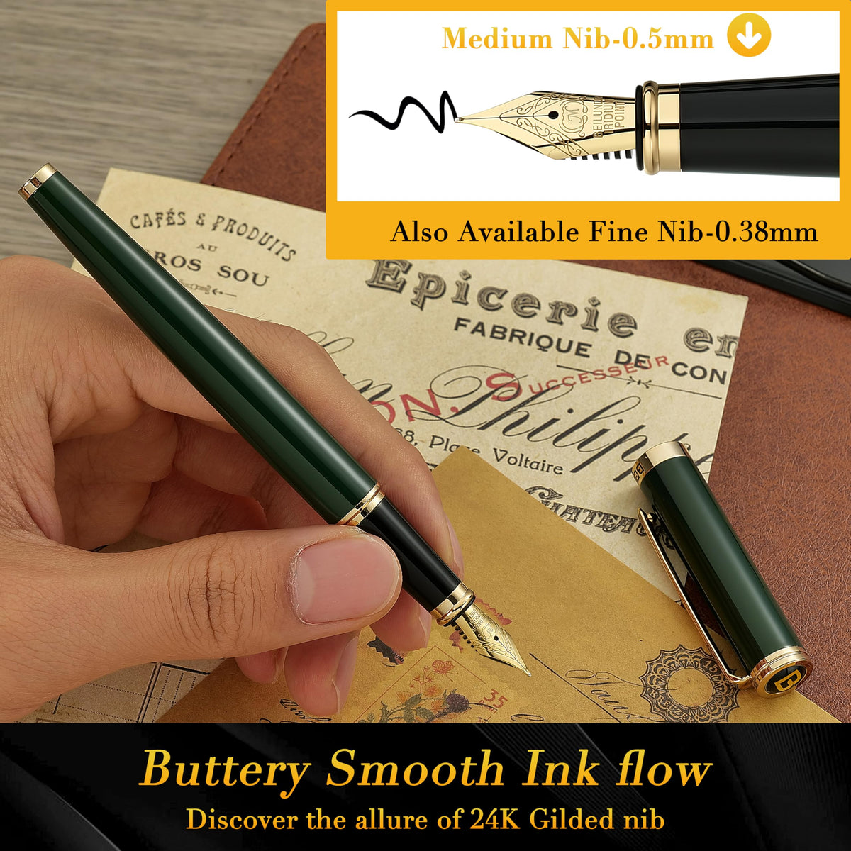 BEILUNER Racing Green Fountain Pen,Stunning Luxury Pens with 24K Gold Finish, Gorgeous 24K Gilded
