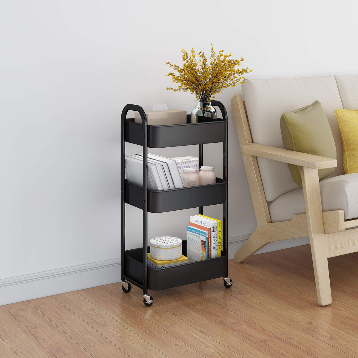 3-Tier Rolling Utility Cart with Caster Wheels Easy Assembly, Black