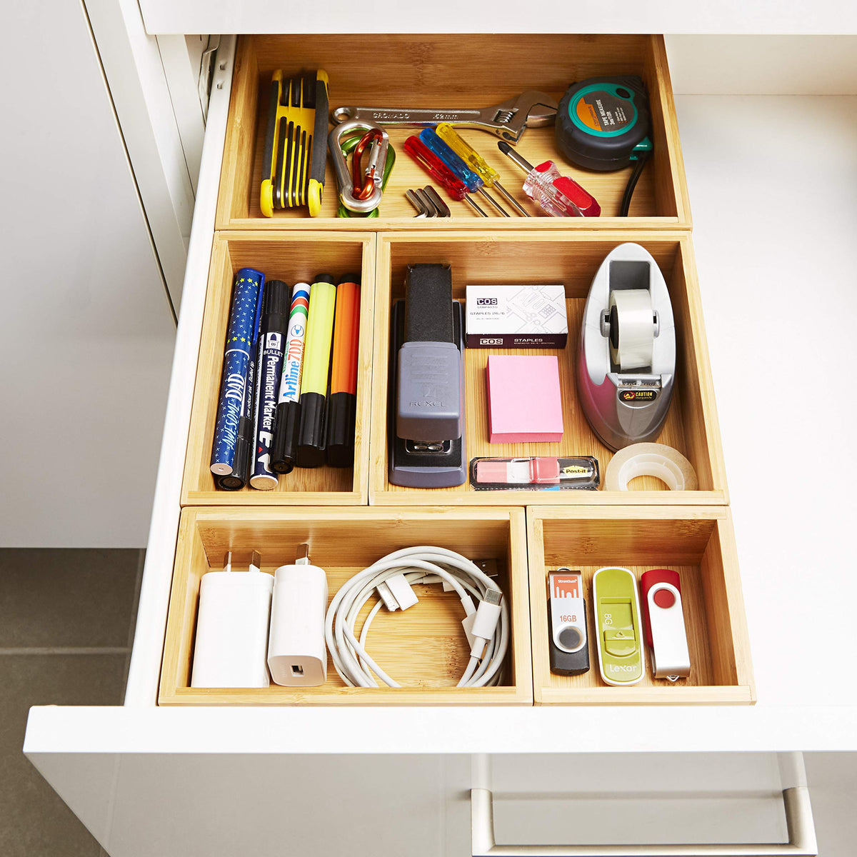 Bamboo Drawer Organizer and Storage Set, Multi-use Set of 5 Storage Trays, Wood Boxes of various