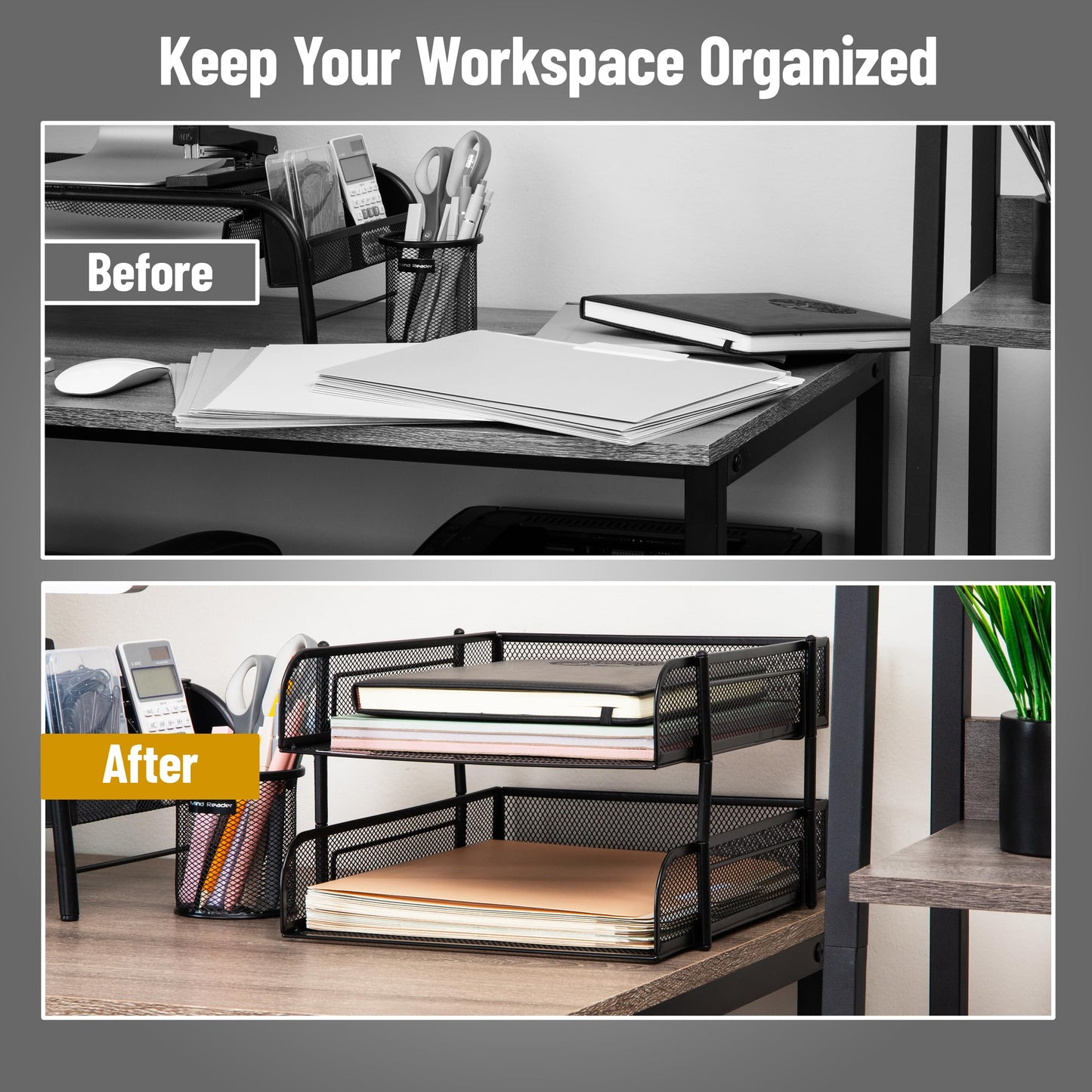 Mind Reader Stackable Paper Tray, Desktop Organizer, File Storage, Office, Metal Mesh, 2 Pcs, Black