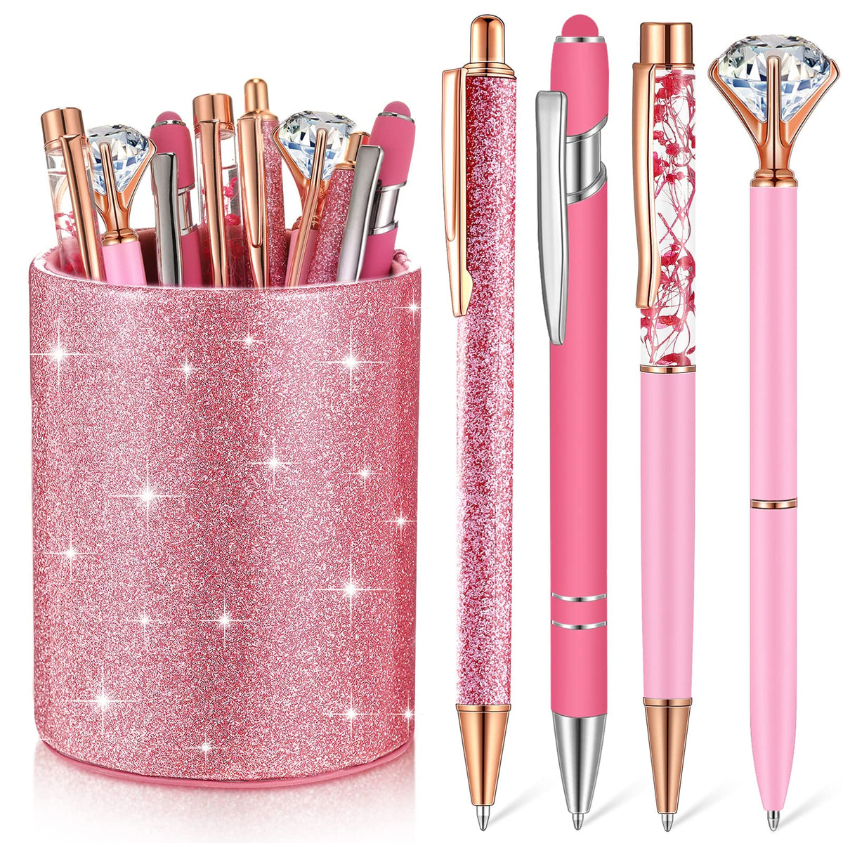 Sabary 8 Pcs Hot Pink Diamond Pens with Glitter Desk Pen Holder for Women