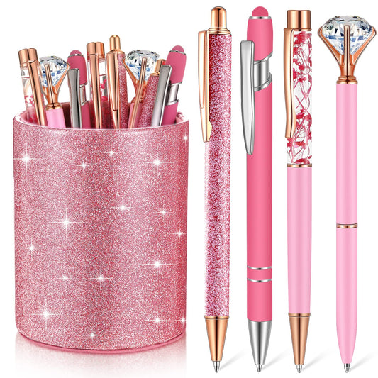 Sabary 8 Pcs Hot Pink Diamond Pens with Glitter Desk Pen Holder for Women