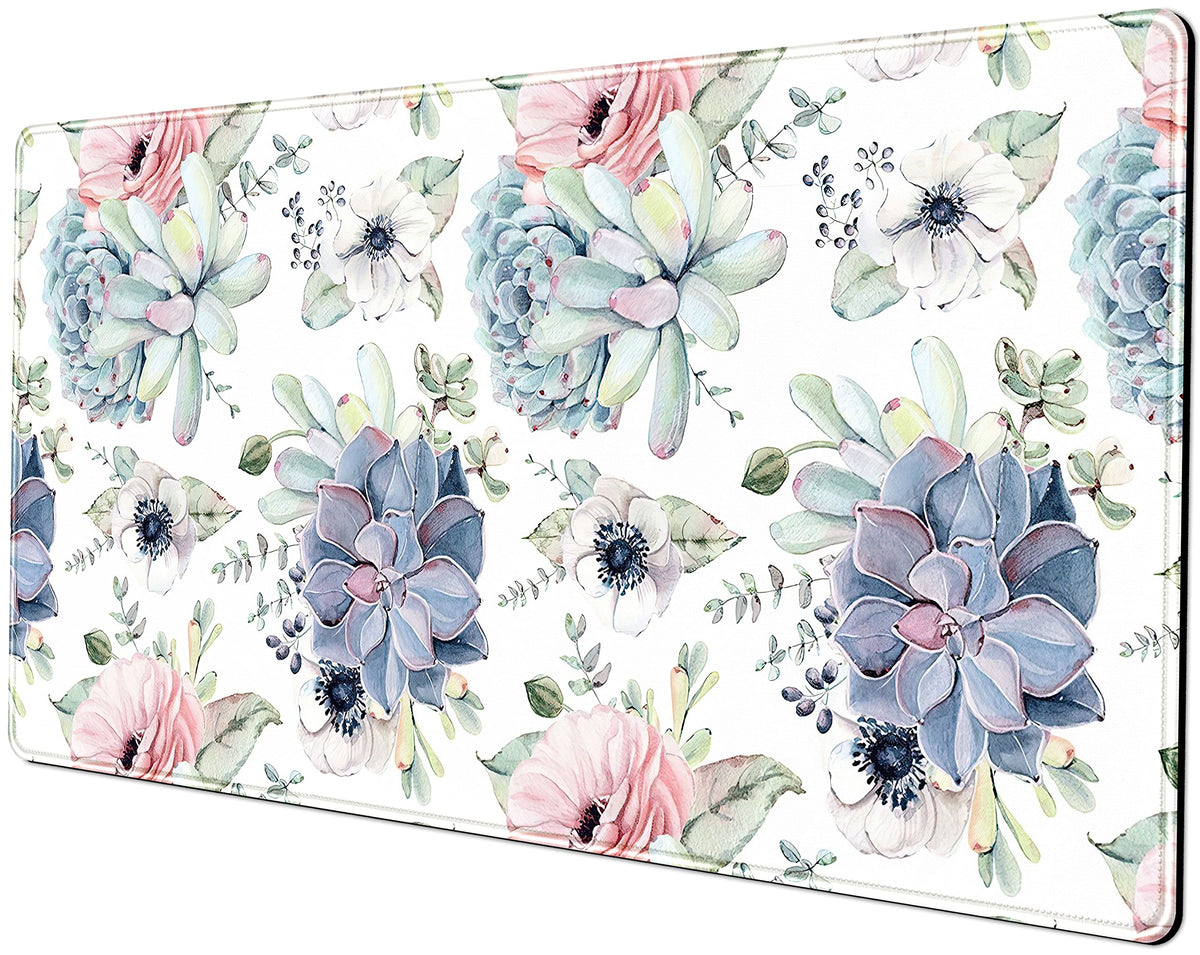 Watercolor Succulents Desk Mat, Plants Succulent Roses Desk Pad Protector, Large Gaming Mouse Pad
