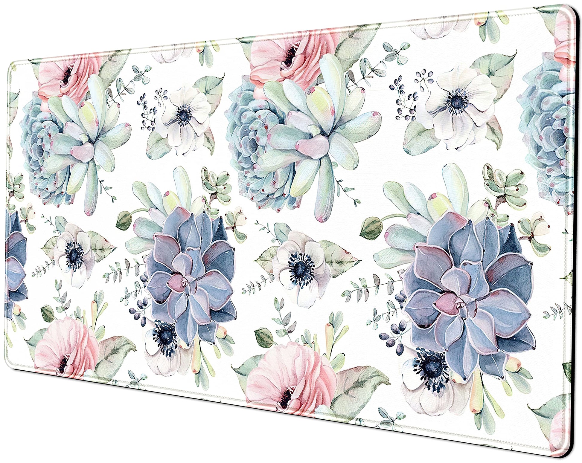Watercolor Succulents Desk Mat, Plants Succulent Roses Desk Pad Protector, Large Gaming Mouse Pad