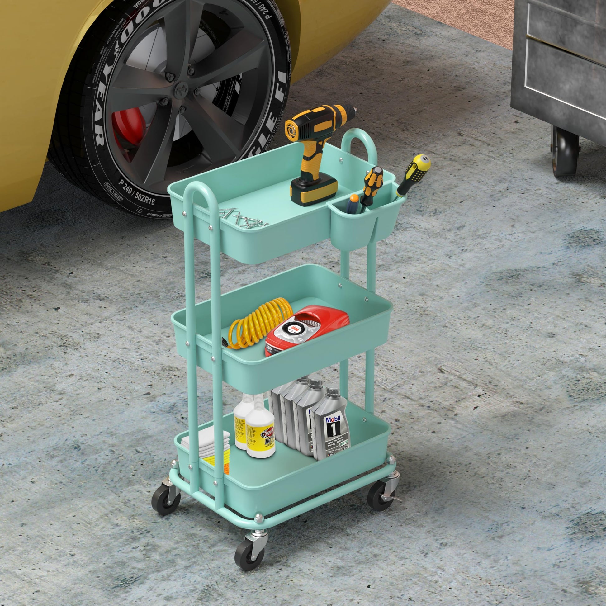 Simple Houseware 3-Tier Rolling Utility Cart with Hanging Bucket, Turquoise