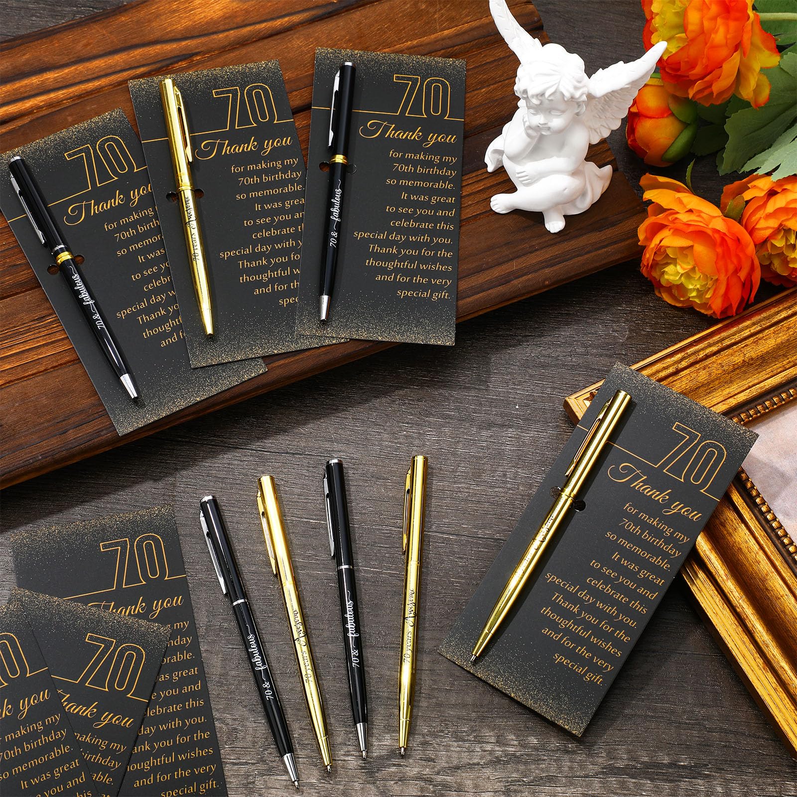 Feifeiya 50 Sets 70th Birthday Party Favors with Black Gold Pens Thank Card